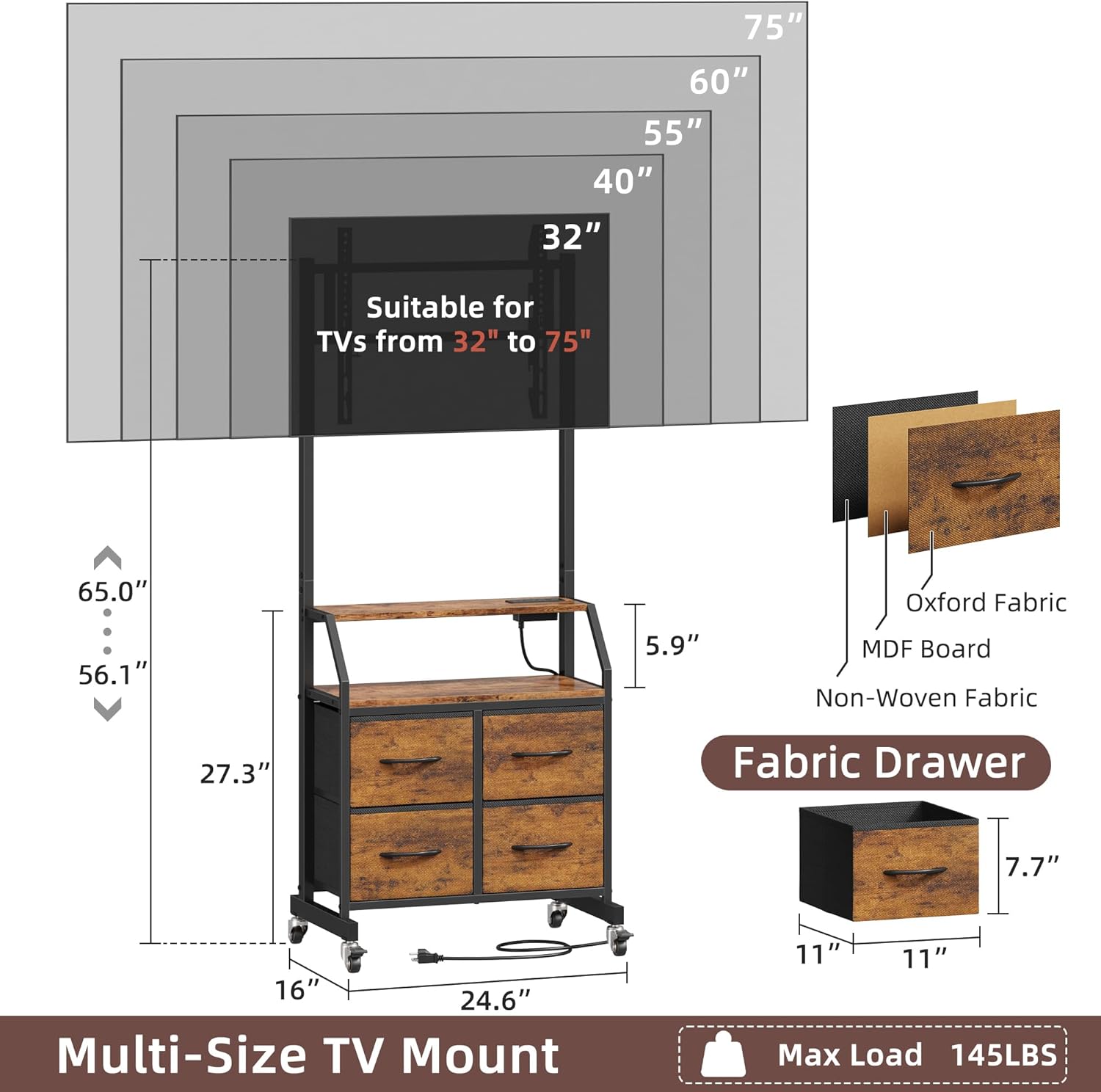 Rolling TV Stand with Mount & 4 Fabric Drawers - TV Stand with Wheels for 32-75 TV, Entertainment Center & Console Table for Living Room or Bedroom, Modern Television Stand with Storage, Rustic Brown