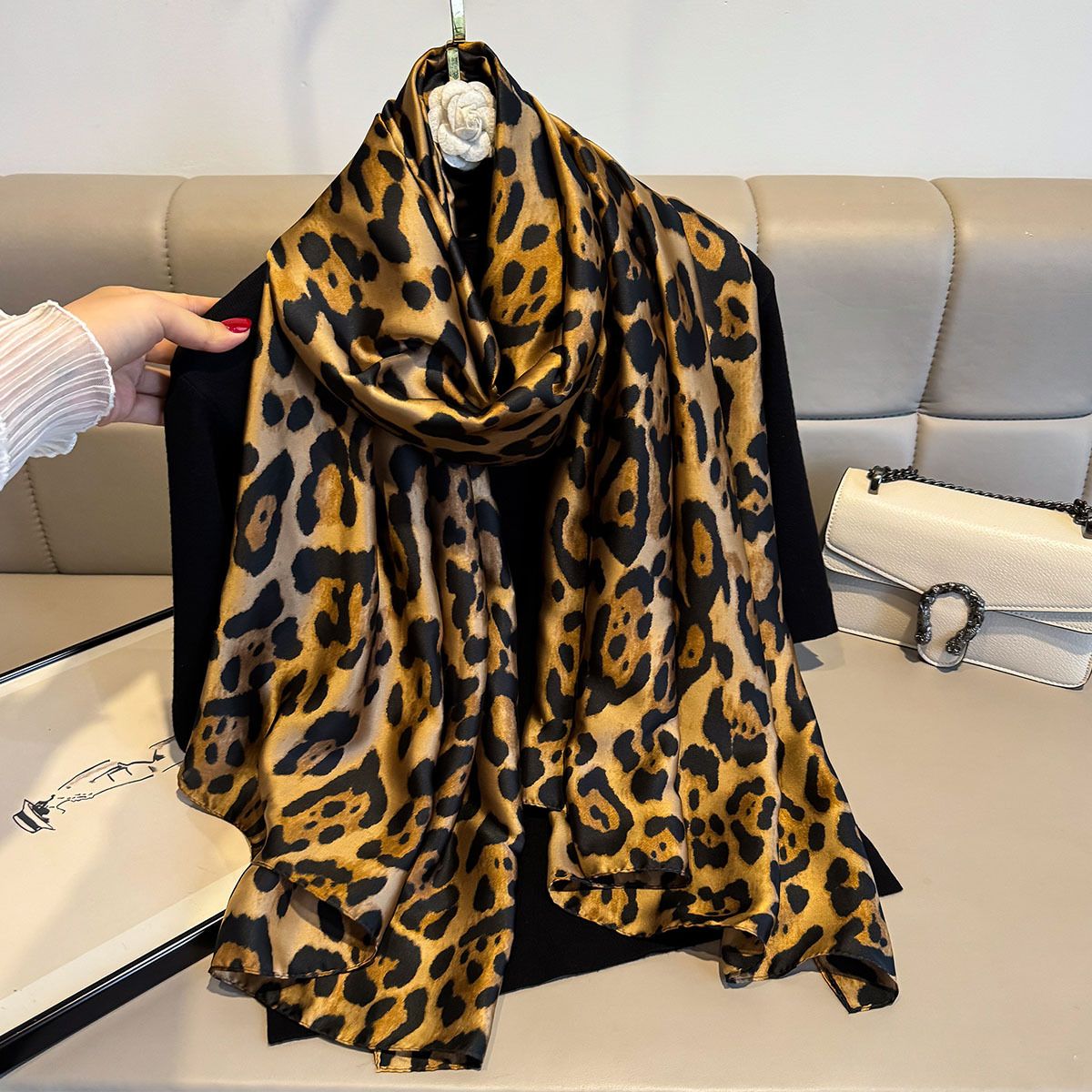PEACH ACCESSORIES Luxury Leopard Print Satin Feel Scarf