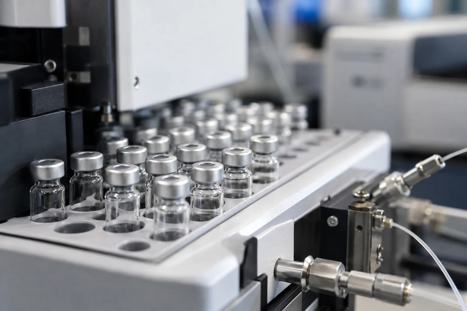 Illustrative laboratory photograph of capped vials in an LC-MS autosampler beside chromatography fittings.