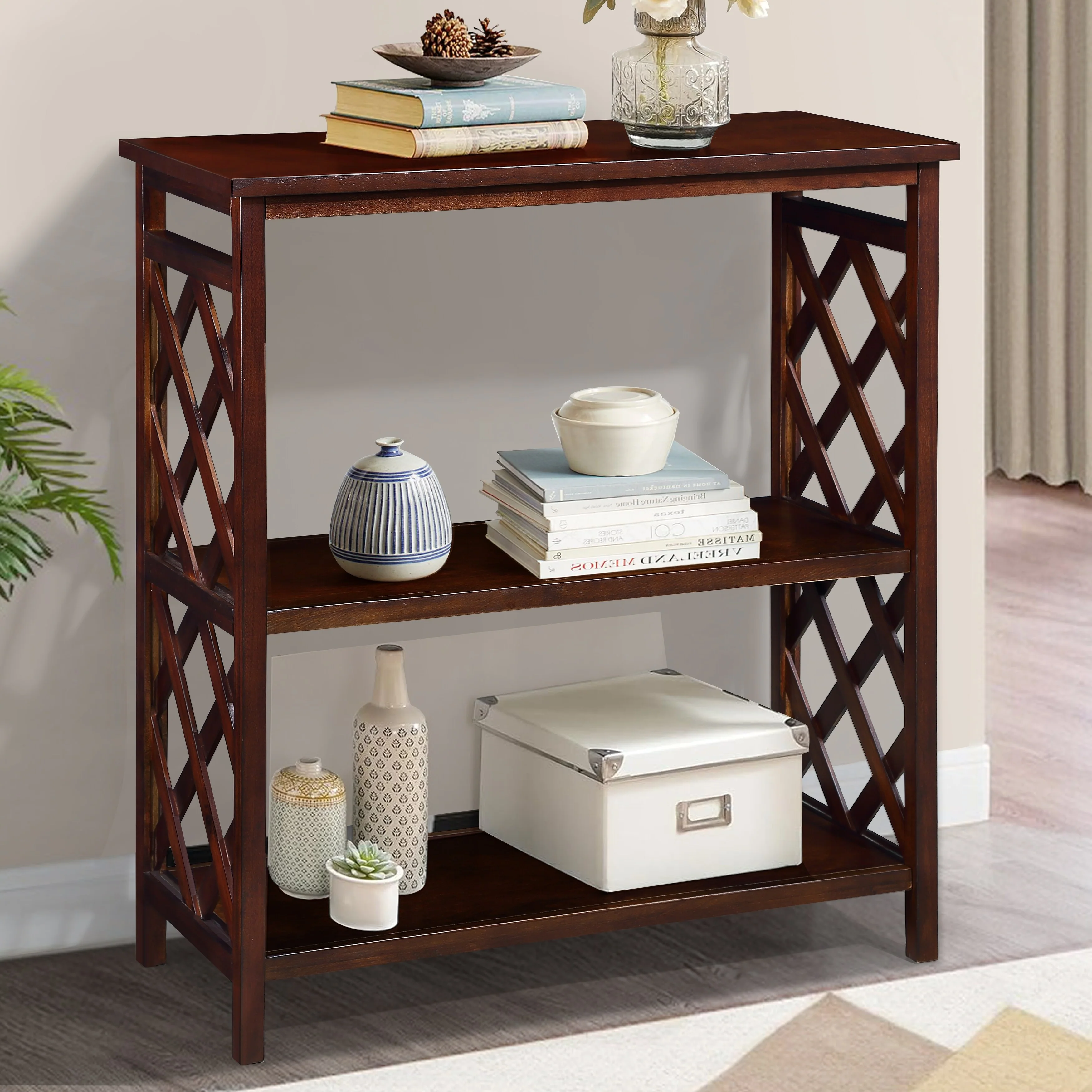 Console Table 3-Tier with Storage Shelves,Open Bookshelf Bookcase with Solid Wood Legs for Hallway, Living Room and Bedroom