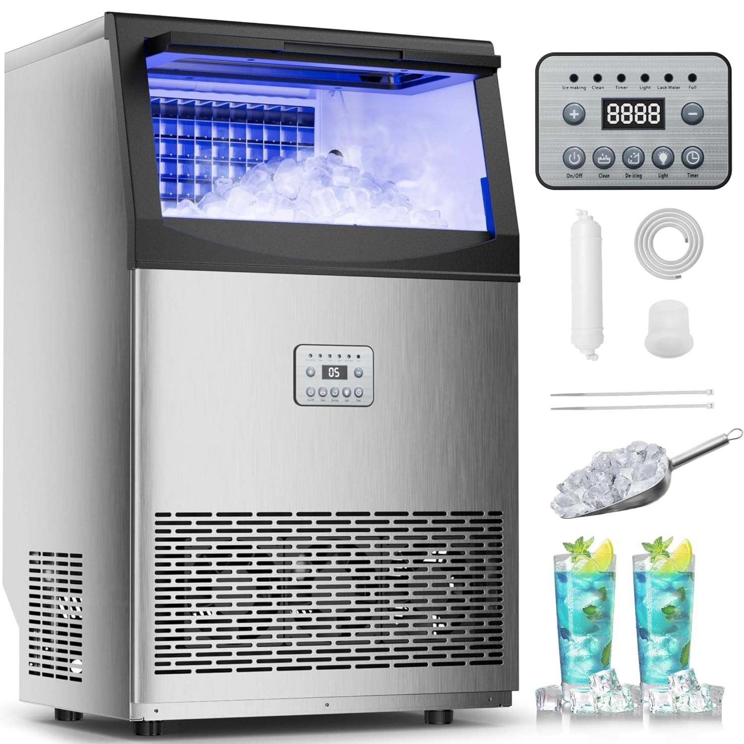 Commercial Ice Maker,110 lbs/24H,50 Cubes in 14 Mins,Stainless Steel Ice Machine with 33 lbs Storage Capacity,Water Filter,Self-Cleaning,Under Counter/Freestanding Ice Maker for Restaurant,Cafe,Home