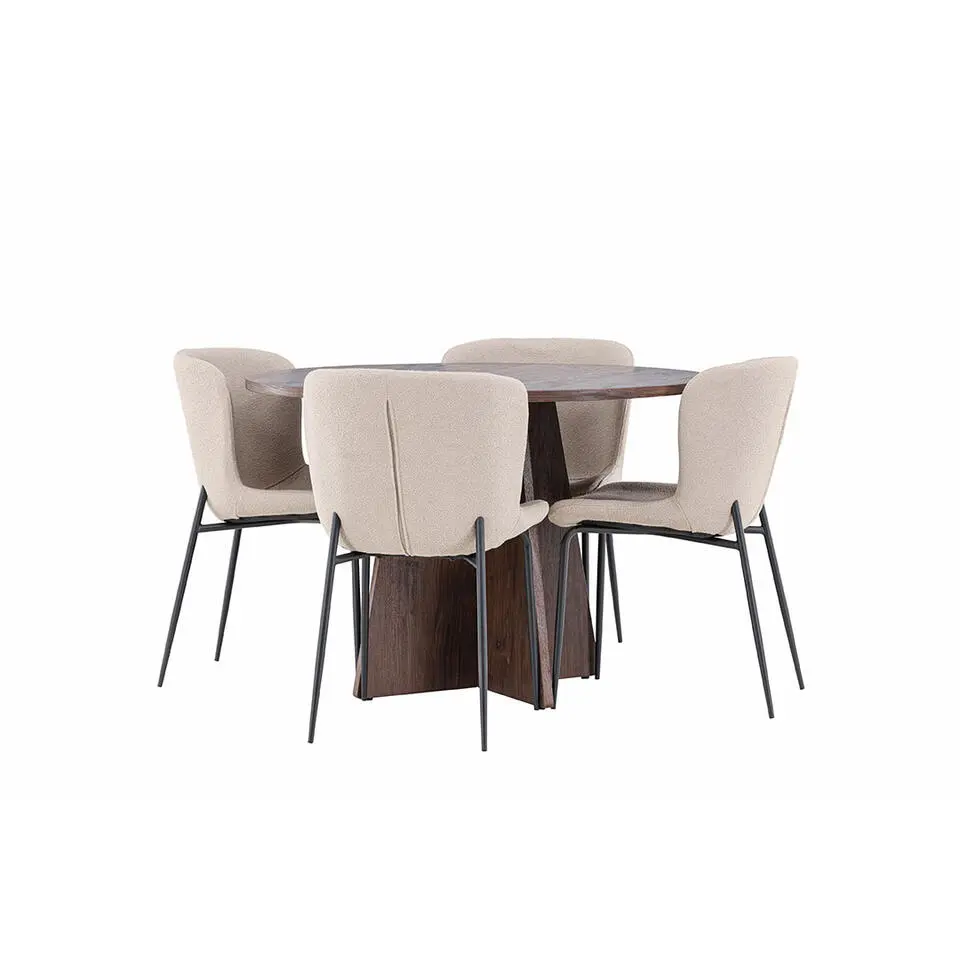 Hioshop Bootcut eethoek tafel &Oslash;110cm en 4 boucl&eacute; stoelen mocca