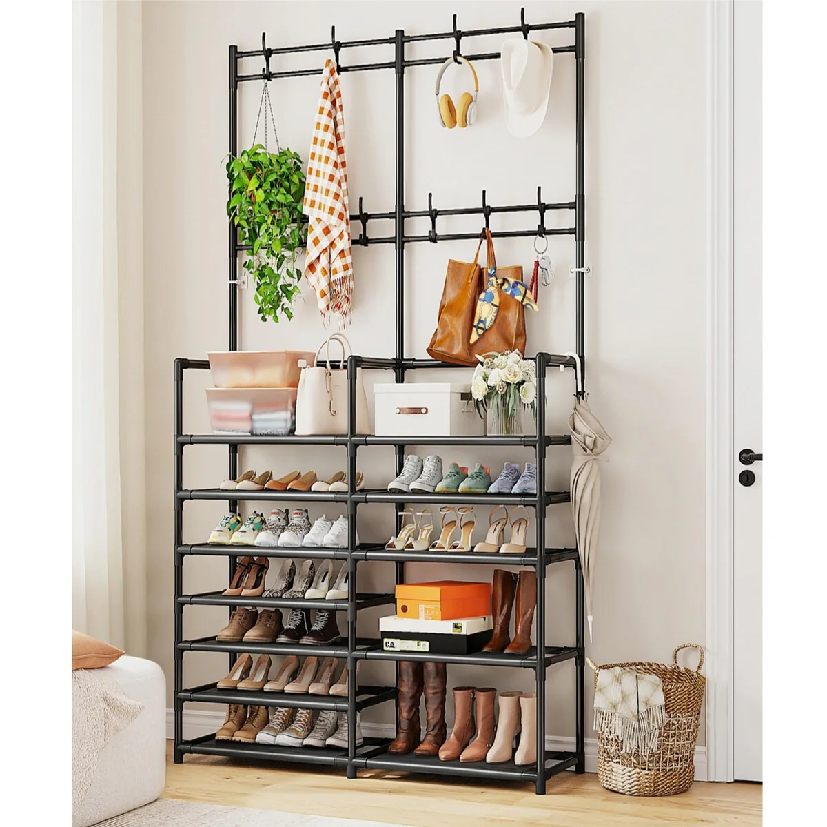 7 Tier Coat & Shoe Rack Entryway Hall Tree, Coat Rack with Shoe Storage Coat Rack Freestanding with 8 Hooks & Shelf
