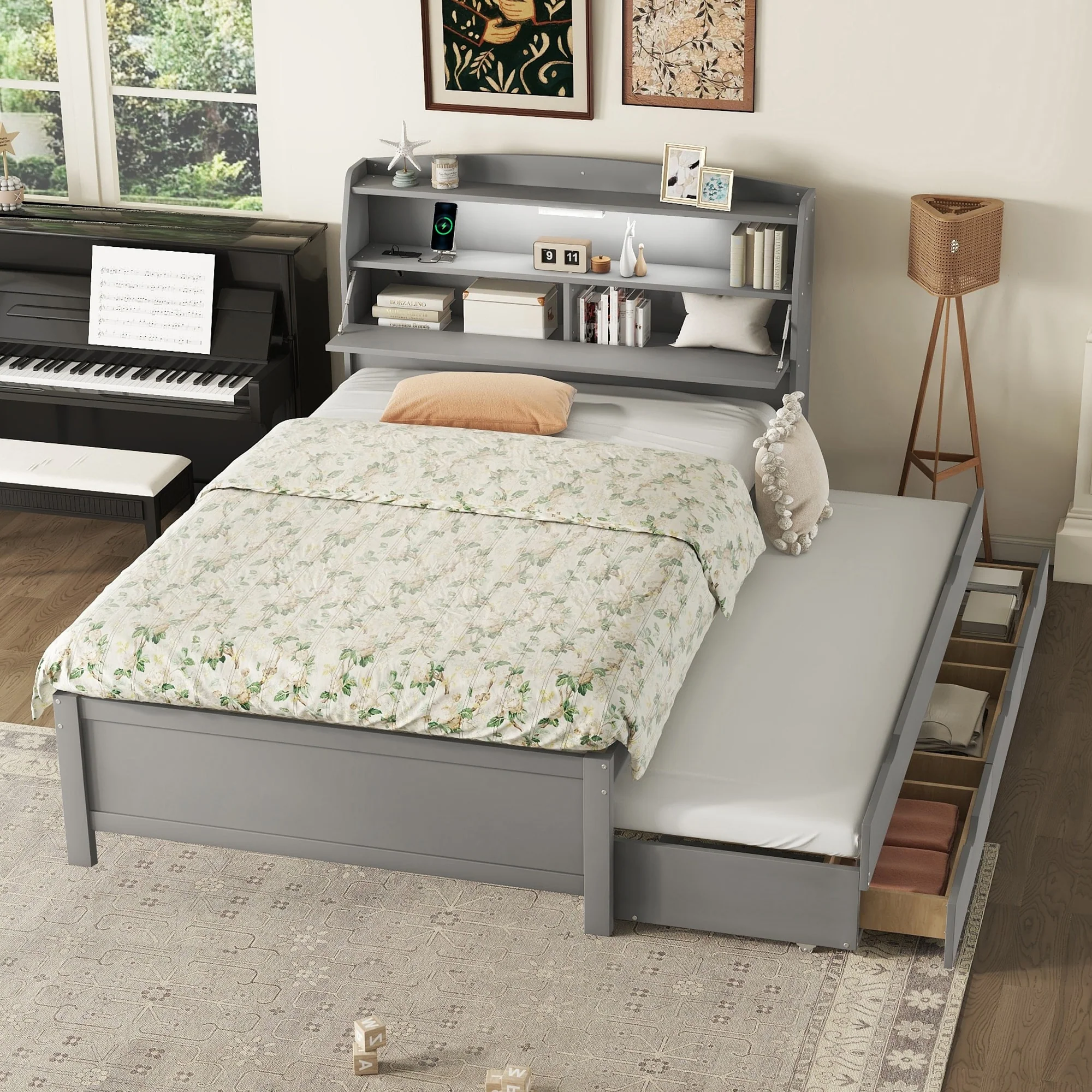 Full Size Wooden LED Platform Bed with Trundle, with Storage Headboard, with Drawers