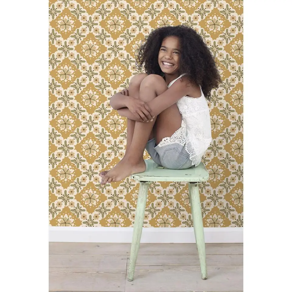 ESTAhome behang vintage bloemen okergeel en groen - 50 x 900 cm