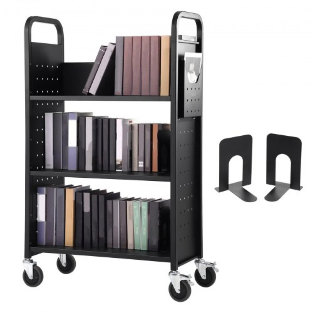 Carbon Steel L-Shaped Flat Shelves Rolling Book Cart with 4-Inch Lockable Wheels Perfect for Any Setting