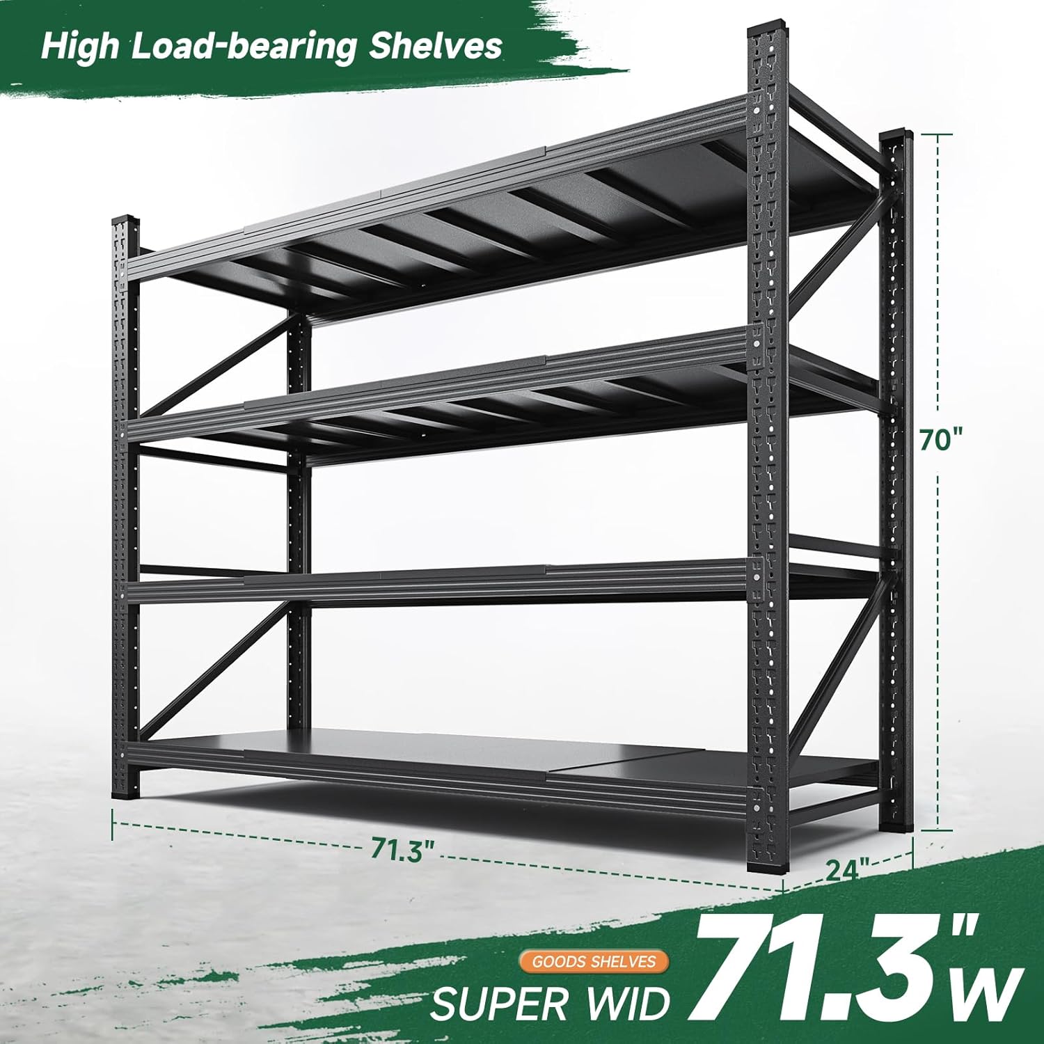 Letaya 71.3 W Metal Storage Shelves,5000LBS Heavy Duty Garage Shelving Units, 4 Tier Adjustable Utility Rack Shelf,Large Industrial Shelves,for Shop,Warehouse,Black (71.3 W x 24 D x 70 H)