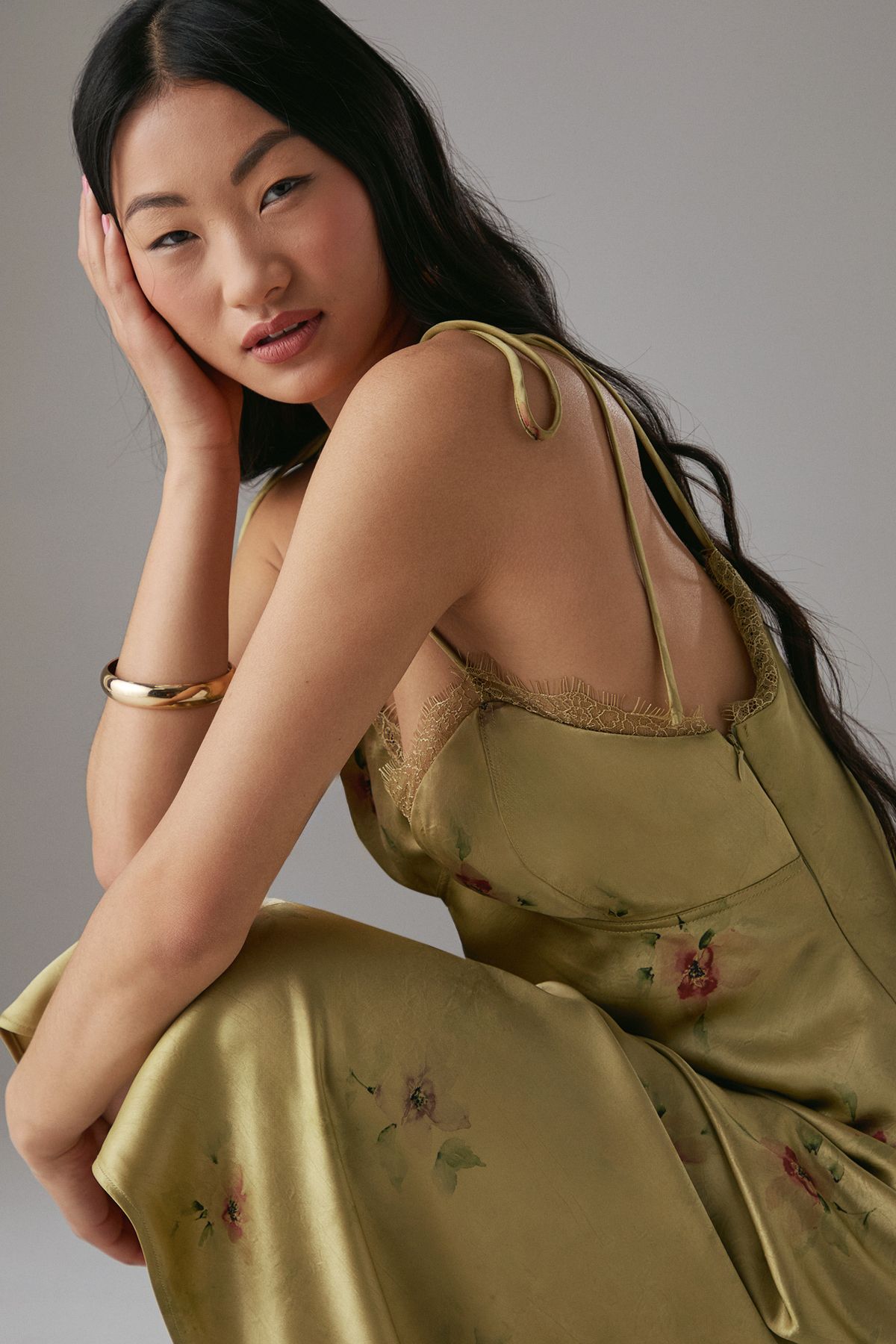 Warehouse Petite Rose Satin Tie Strap Lace Detail Midi Slip Dress