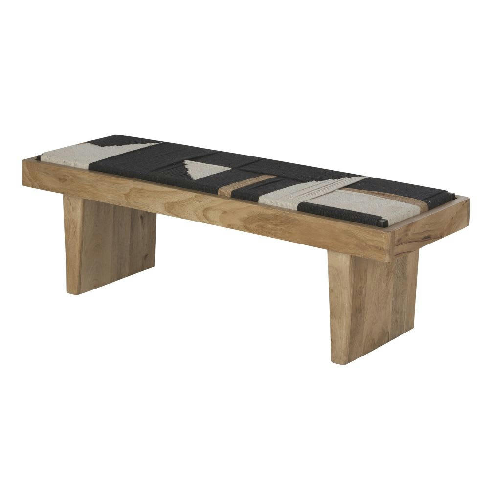 Swahi - Banc en métal, bois de manguier et coton noir, écru et marron