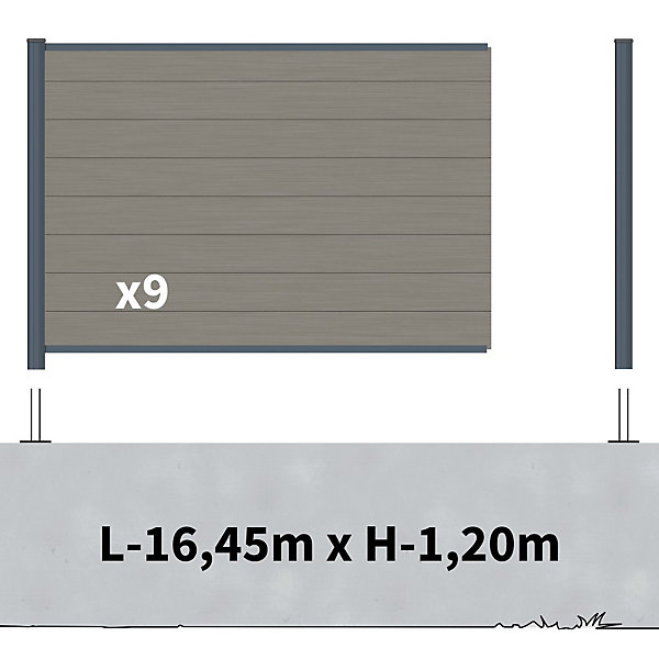 Kit Clôture Composite sur Muret RIO Platine 16,5x1,2m - Bois composite &Aluminium - Poteaux sur Platines Gris - Brise vue