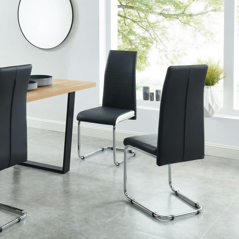 MARA - Lot de 4 chaises  simili noir et blanc pieds en métal chromé