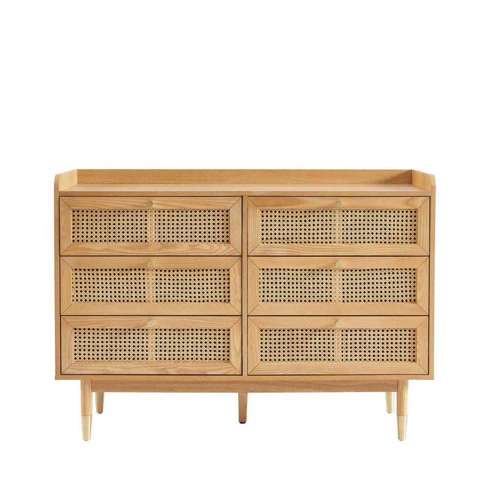 BOMBONG - Commode 6 tiroirs en bois et cannage L120cm bois clair