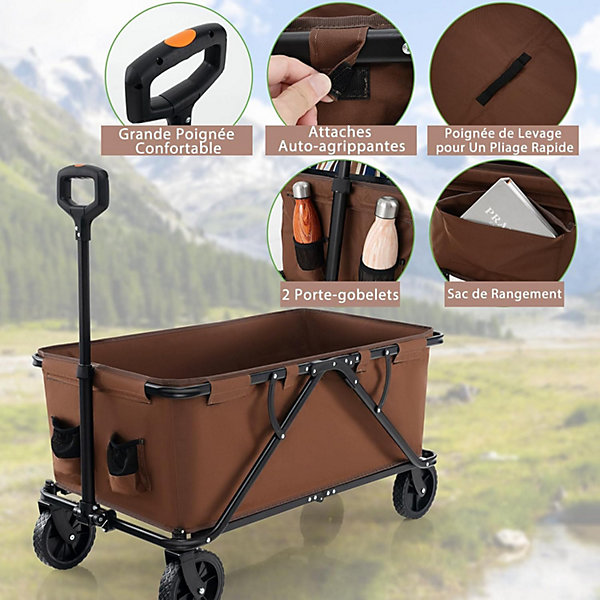 170 L Chariot de Transport Pliable avec Guidon Réglable, Porte-Bouteilles et Poche de Rangement,Pliable,Charge 100KG (Marron)