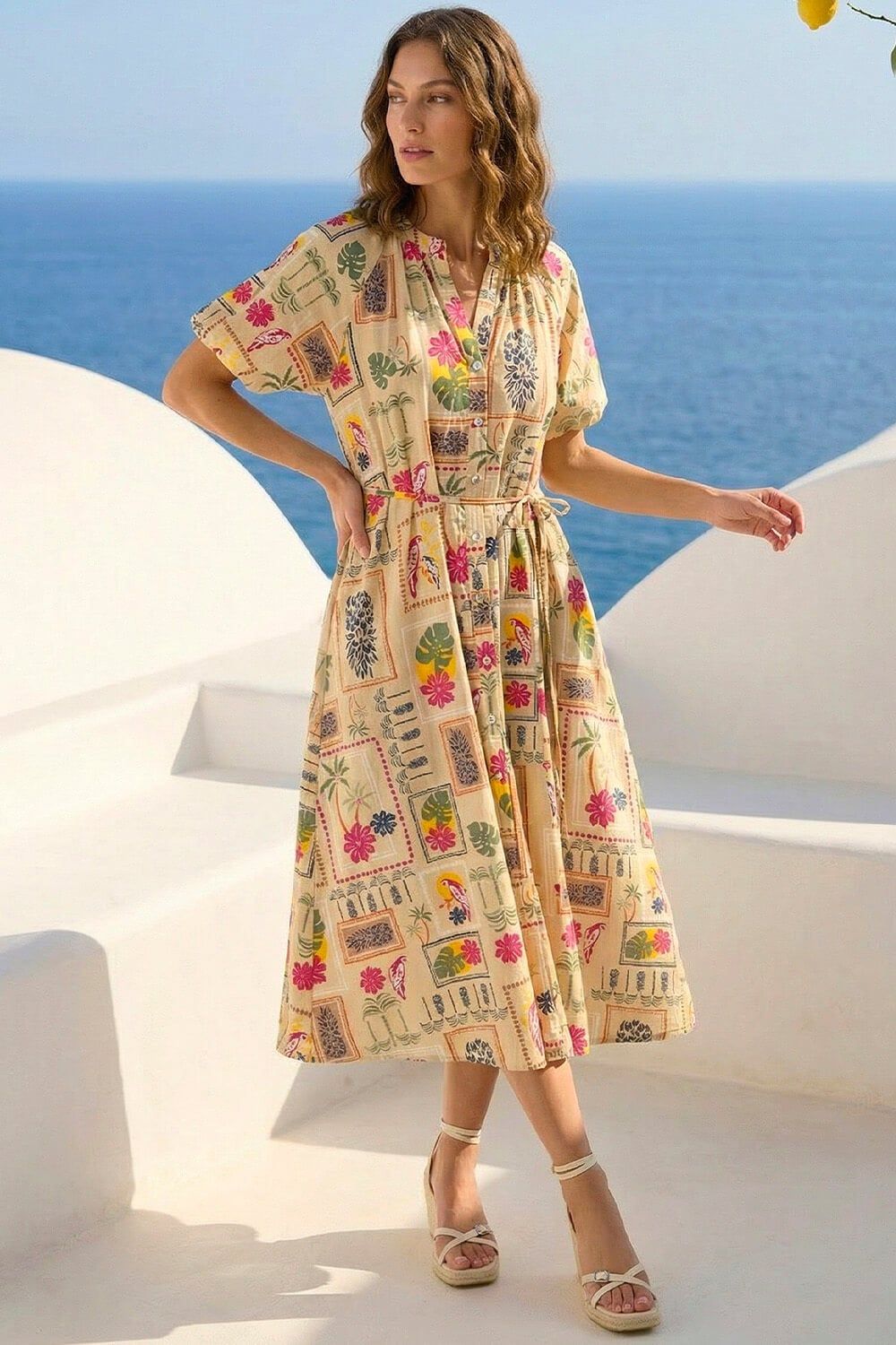 Roman Petite Postcard Tie Waist Midi Dress