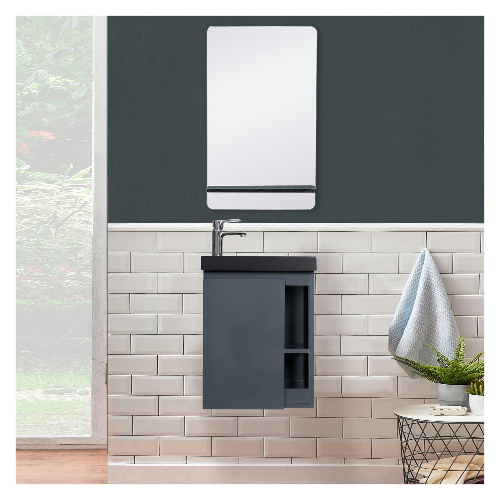 HAMPTON - Meuble lave-mains  Gris avec vasque noire + miroir