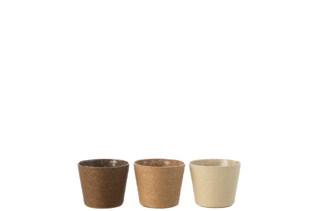 J-Line bloempot Touwtjes - papier - creme/naturel/bruin - extra small - 3 st. - Ø 11.5 cm
