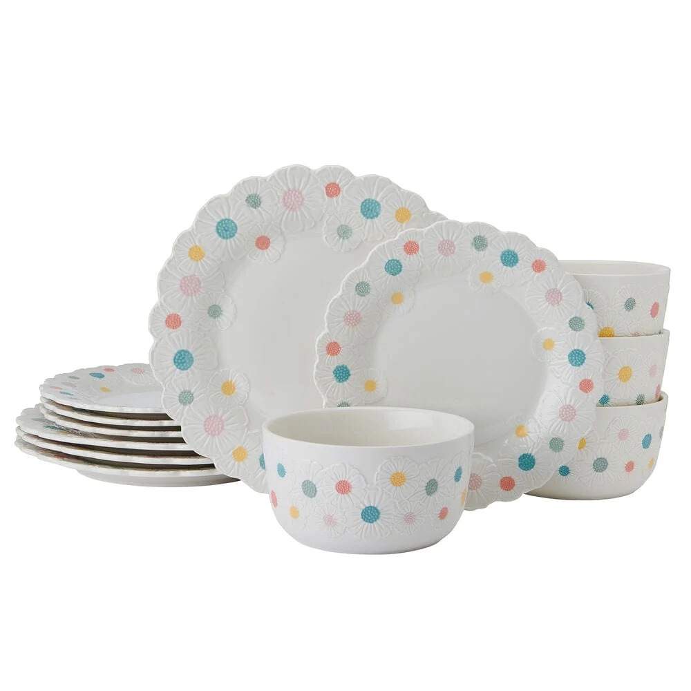 Darbie Angell Painted Daisy 12 Piece Dinnerware Set, Service or 4