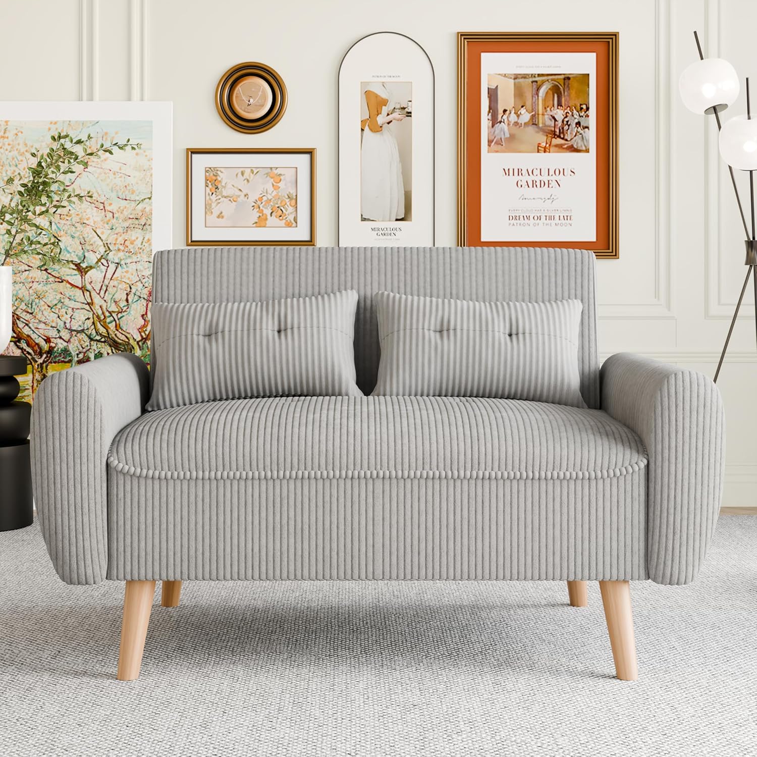 Vongrasig 48 Small Modern Loveseat Sofa, Mid Century Soft Corduroy Fabric 2-Seat Sofa Couch Tufted Love Seat with Back Cushions and Tapered Legs for Living Room, Bedroom and Small Space (Light Gray)