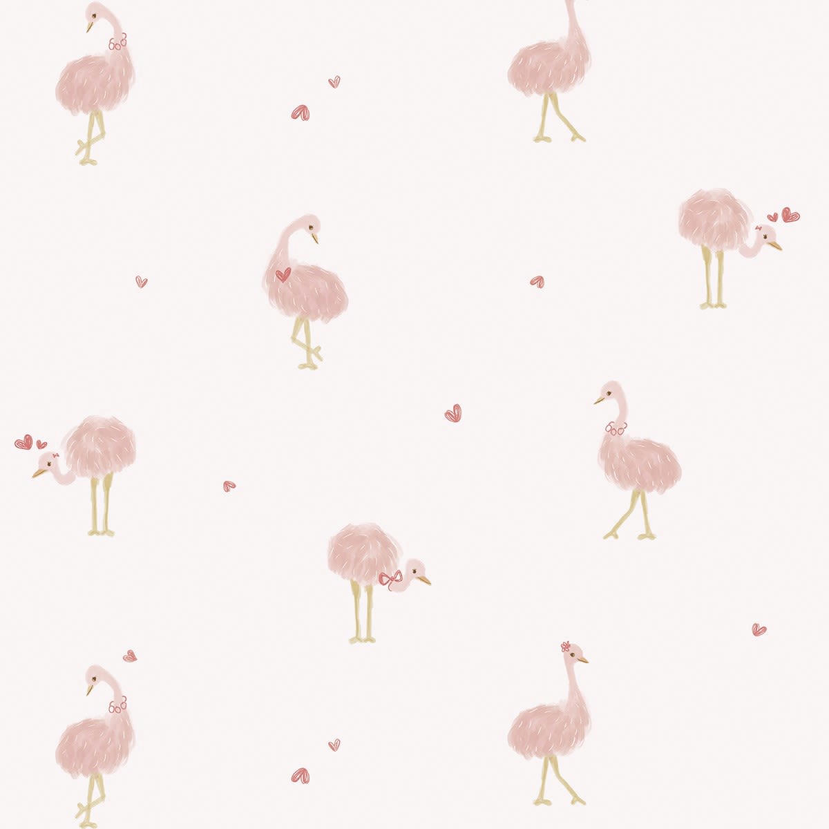 COQUETTE - Papier peint coeurs et autruches en Papier Rose 50cm x 10m