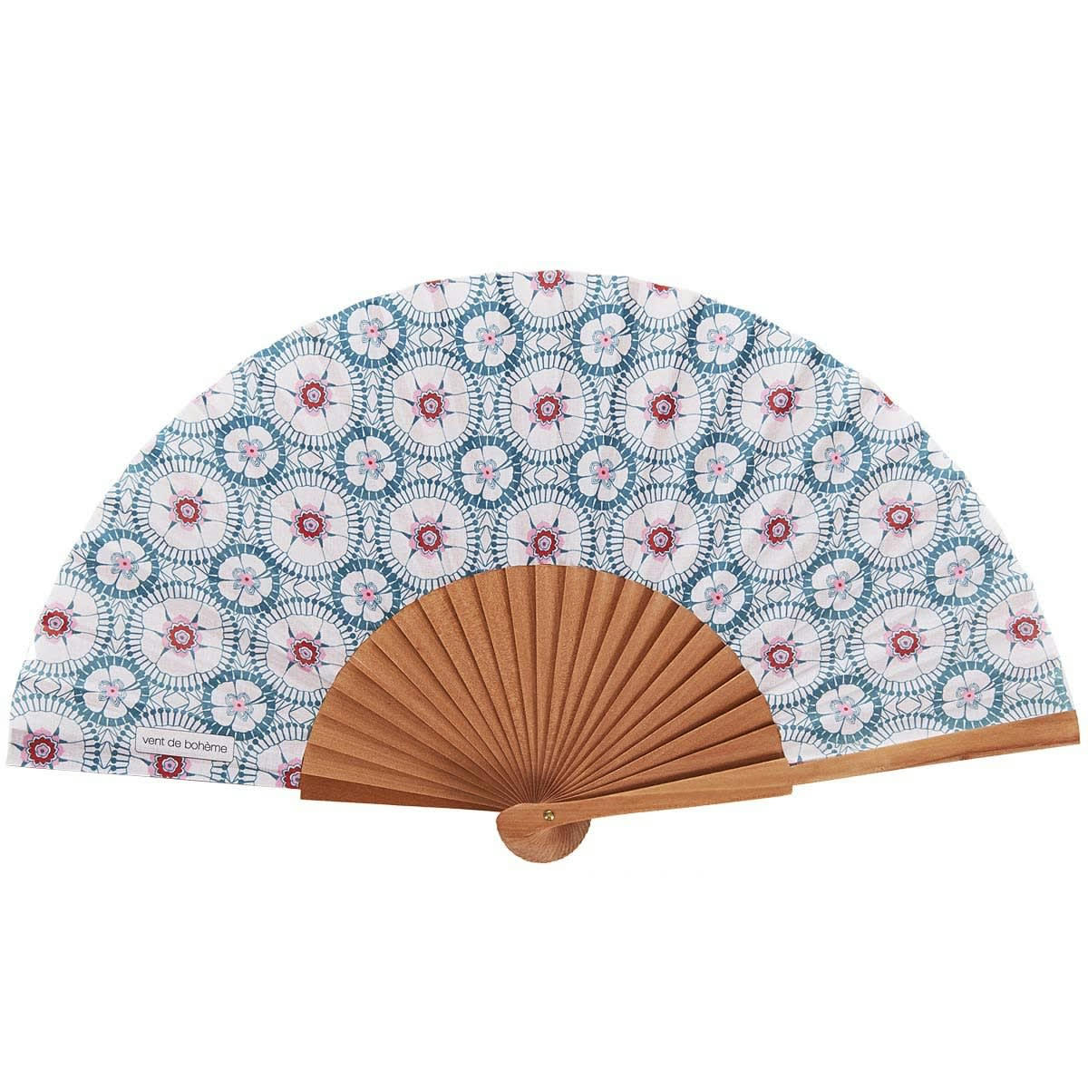 LOU - Éventail en bois de merisier et coton imprimé graphique vert