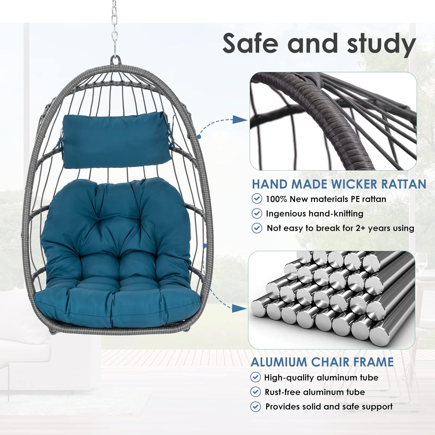 Hanging Egg Chair - Patio Rattan Wicker Swing Egg Chair Hammock Chair for Indoor Outdoor Bedroom Garden - Aluminum Steel Frame UV Resistant Cushion (Aluminum-Without Stand, Teal Blue)