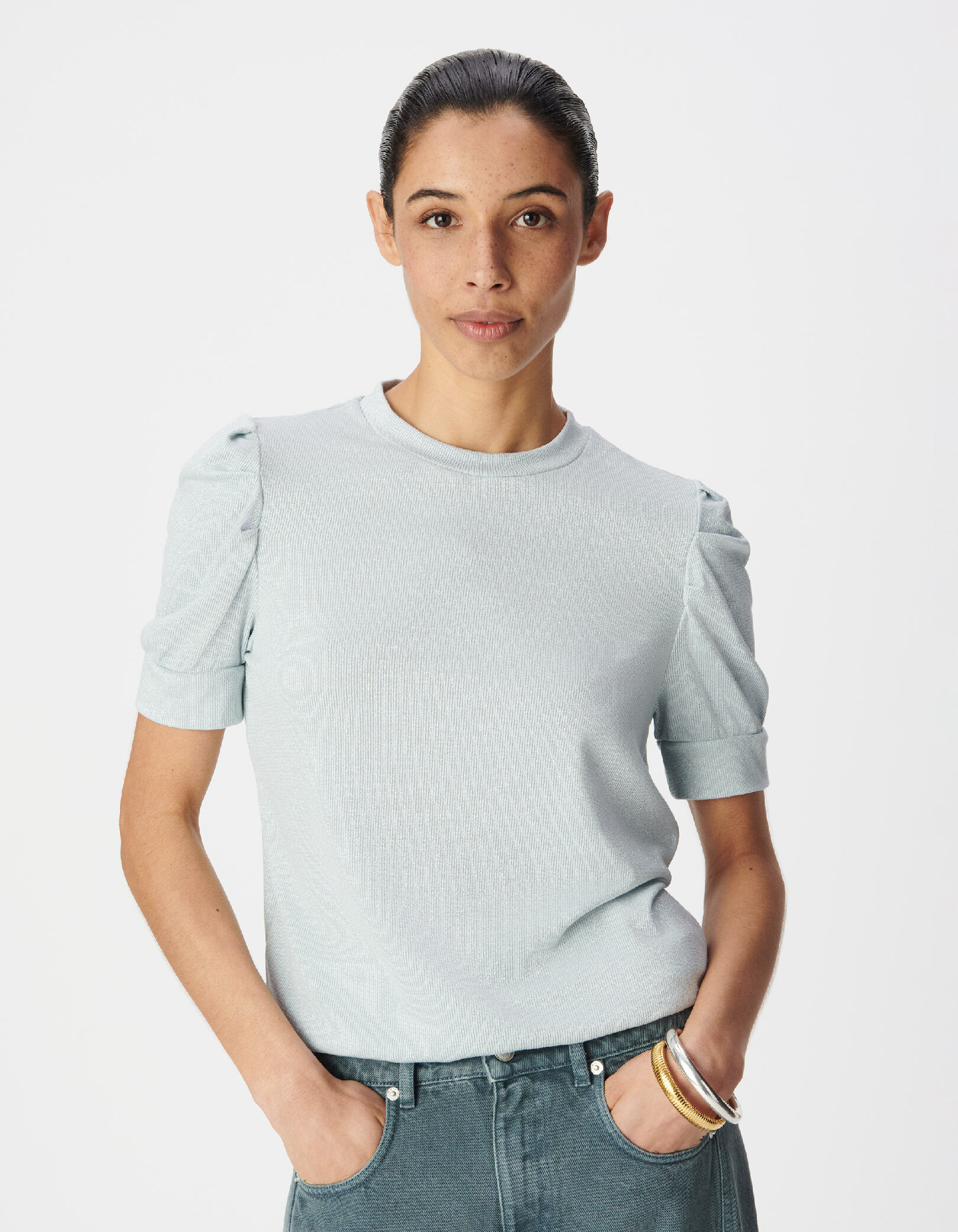 Tee-shirt col rond bleu pailleté manches froncées Femme
