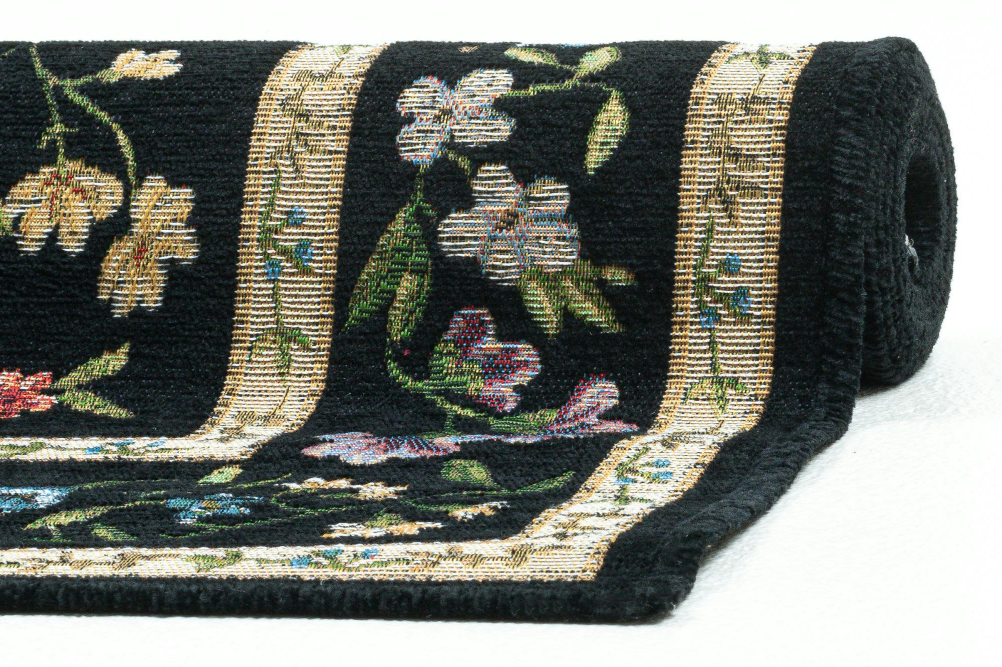 FLOMI - Tapis floral tissé plat - noir 70x120 cm