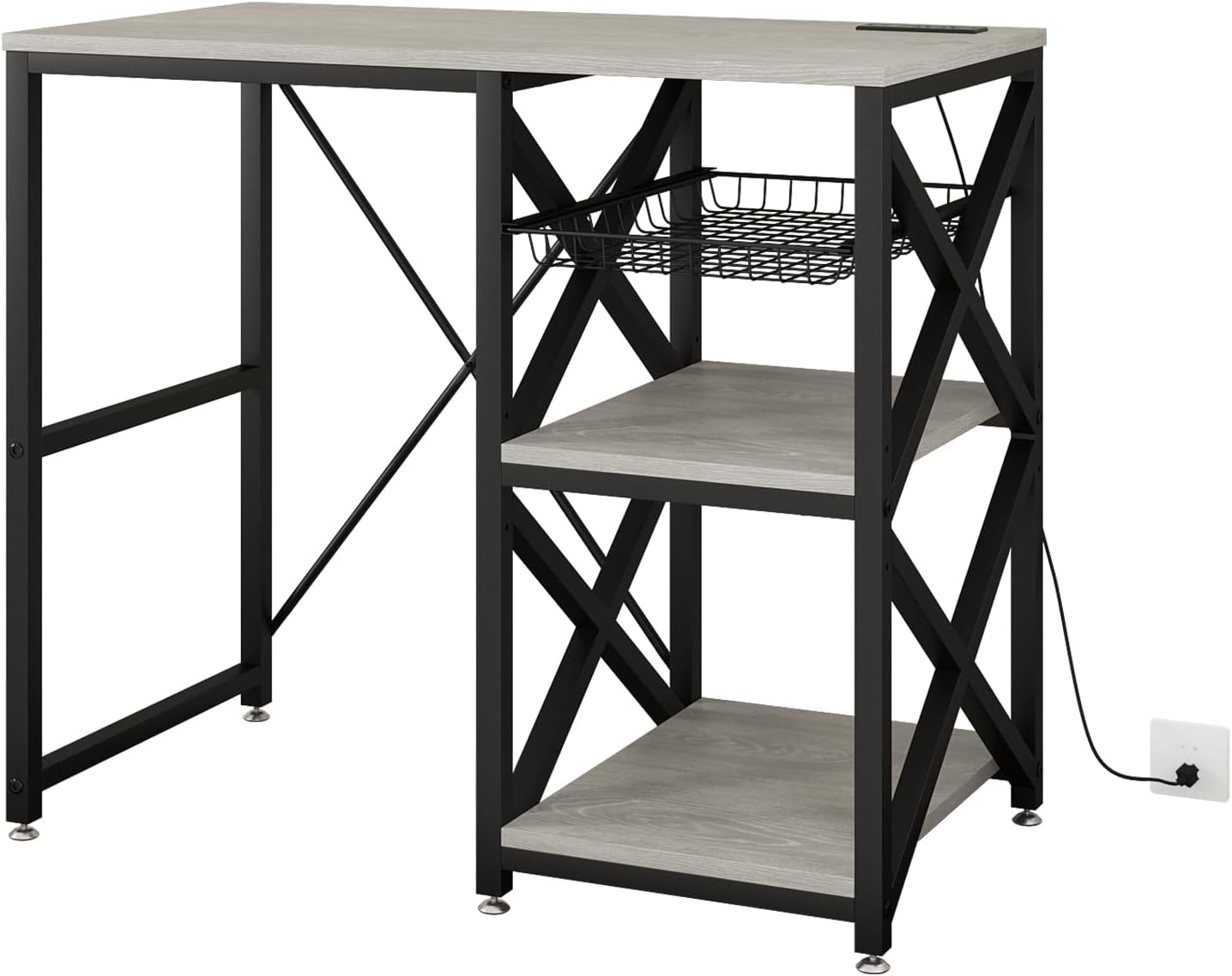 METYERRY Kitchen Bakers Rack with Power Outlet,Mini Fridge Cabinet with Mesh Basket, Mini Fridge and Microwave Table with Storage for Office,Kitchen,Living Room,Coffee Bar,Patio,Greige
