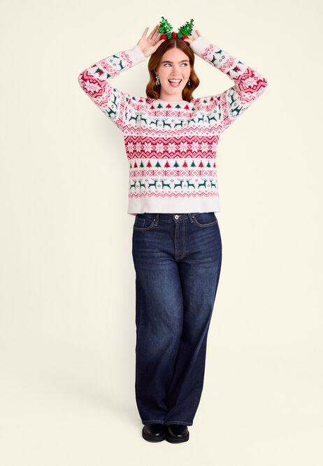 Womens Red Christmas Reindeer Fairisle Jumper