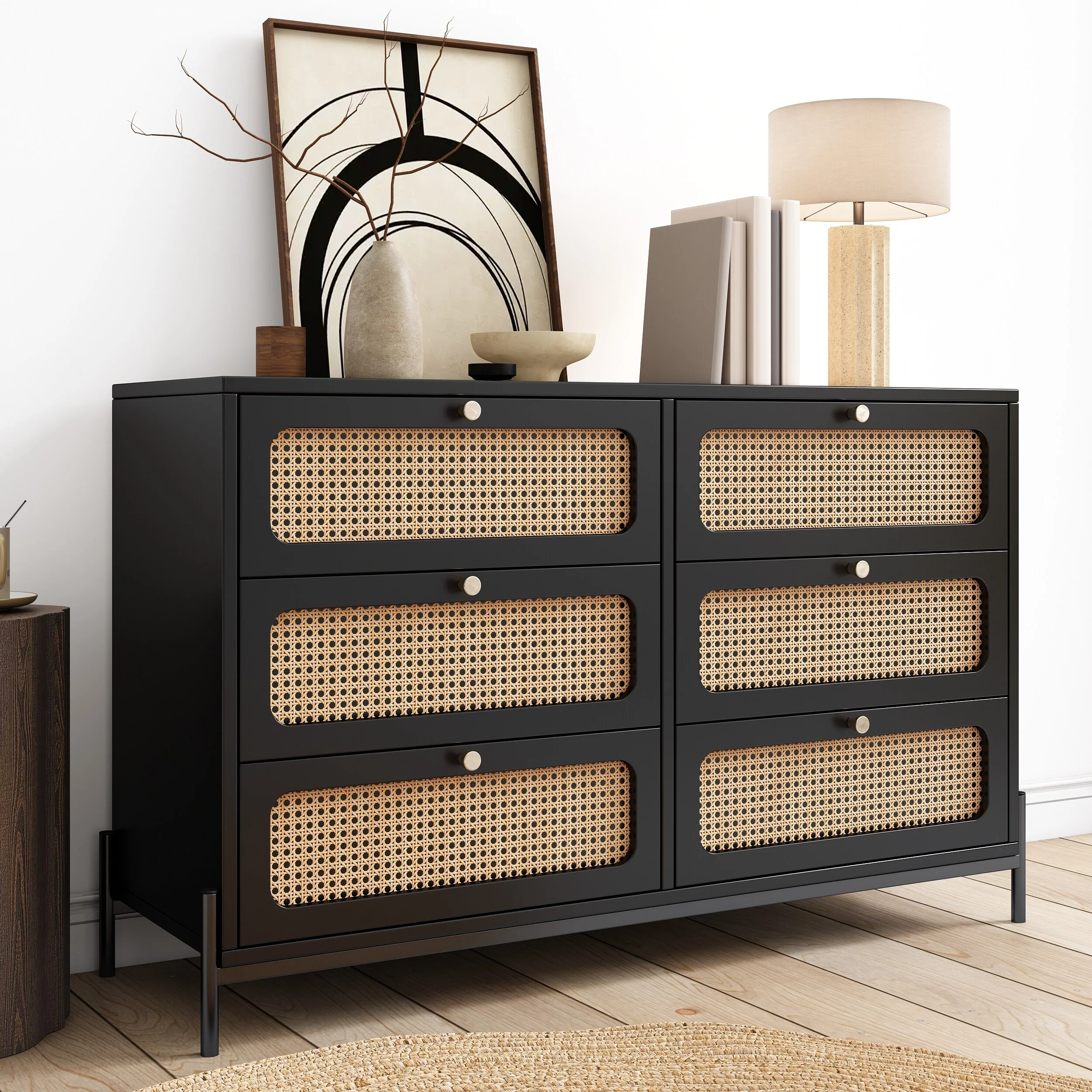 Dresser with 6 Rattan Drawers, Wooden Double Drawers Sideboard, Clothing Organizer with Round Metal Knobs and Metal Legs