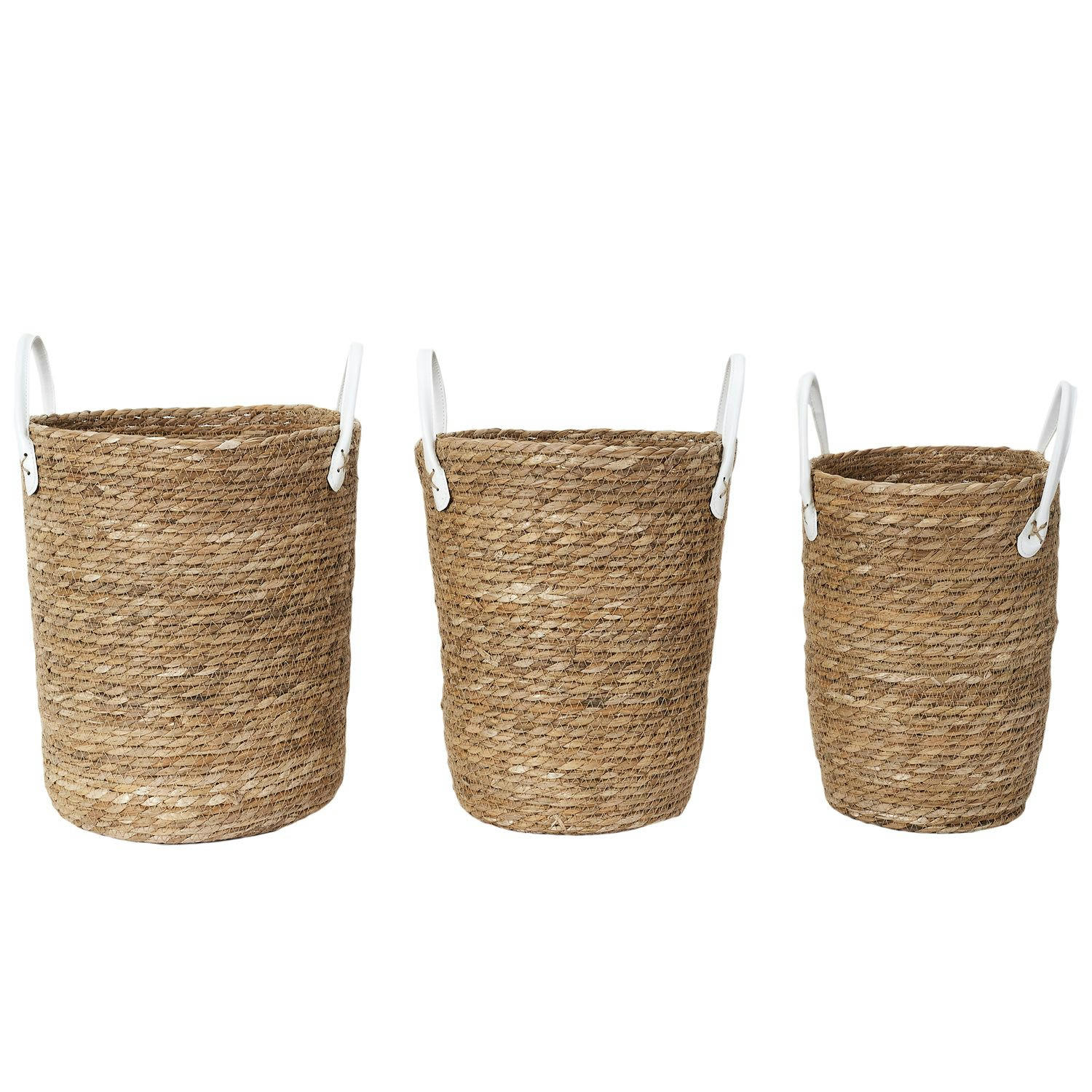 - Lot de 3 paniers tressés avec 2 anses en similicuir beige