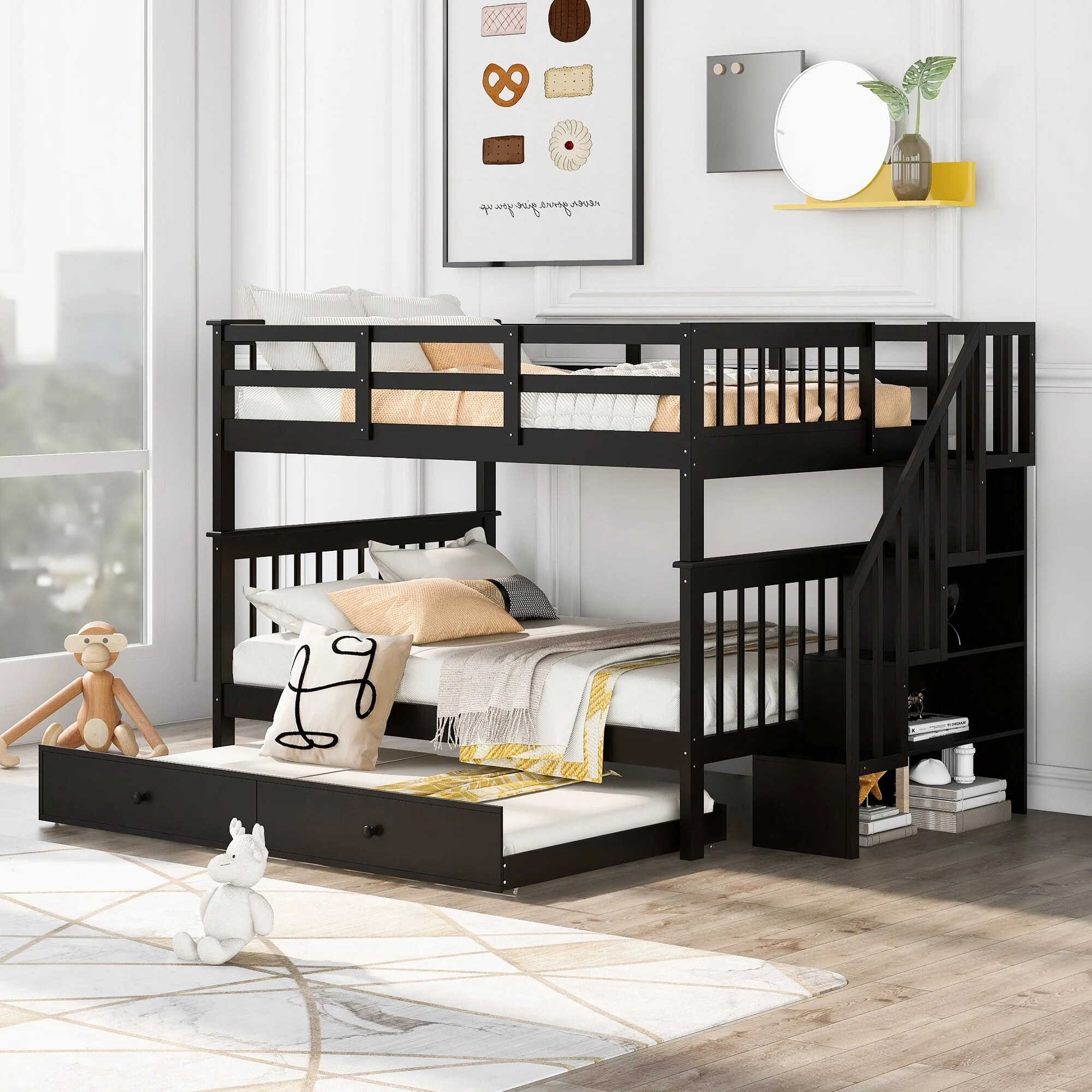 Full-over-Full Bunk Bed with Twin Size Trundle Bed and Under Stair Storage Space, Wooden Platform Bed & Daybed for Twin Children