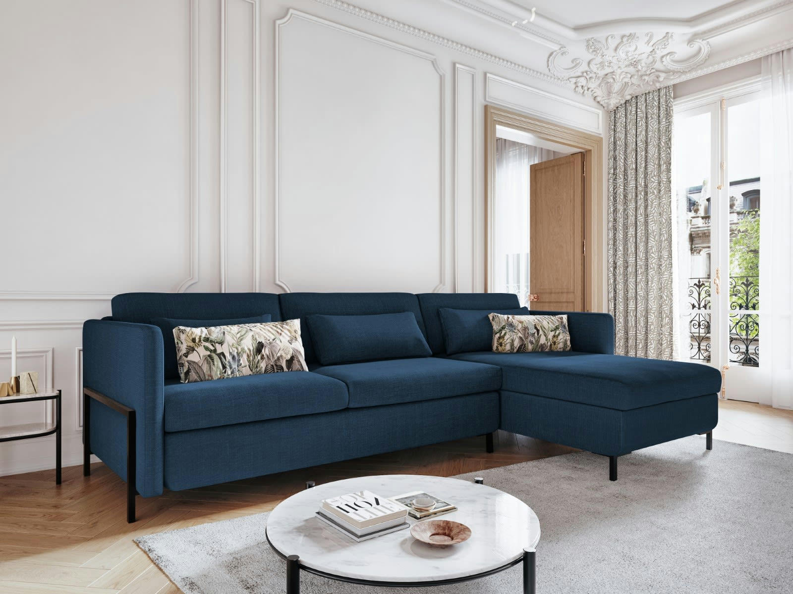 YANIS - Canapé D'Angle Droit Conv. Coffre 4 places en Tissu Structurel Bleu