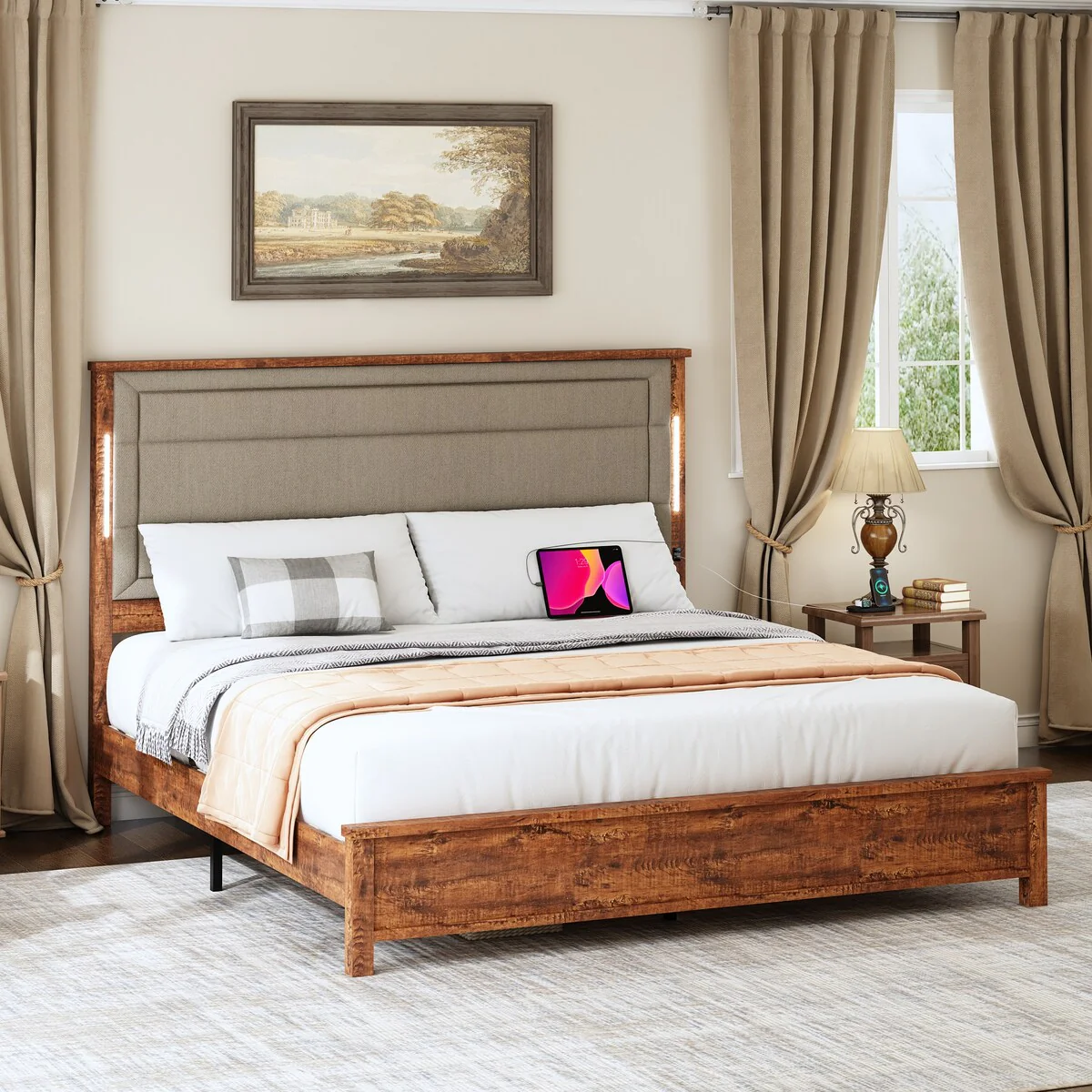 King Size Bed Frame with Upholstered Headboard and Wood Slats