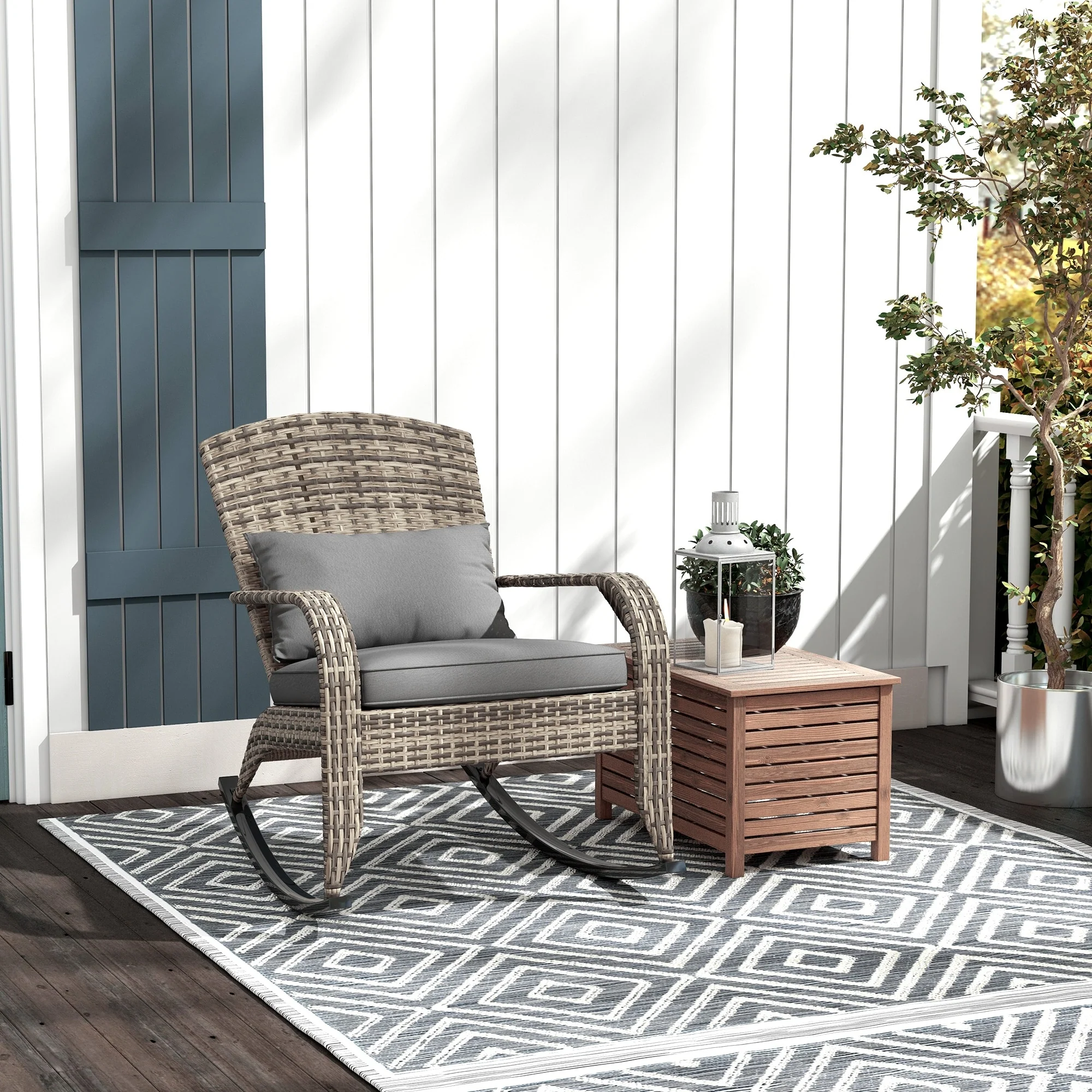 Outsunny Outdoor Wicker Adirondack Rocking Chair, Patio Rattan Rocker Chair with High Back, Seat Cushion, and Pillow for Garden