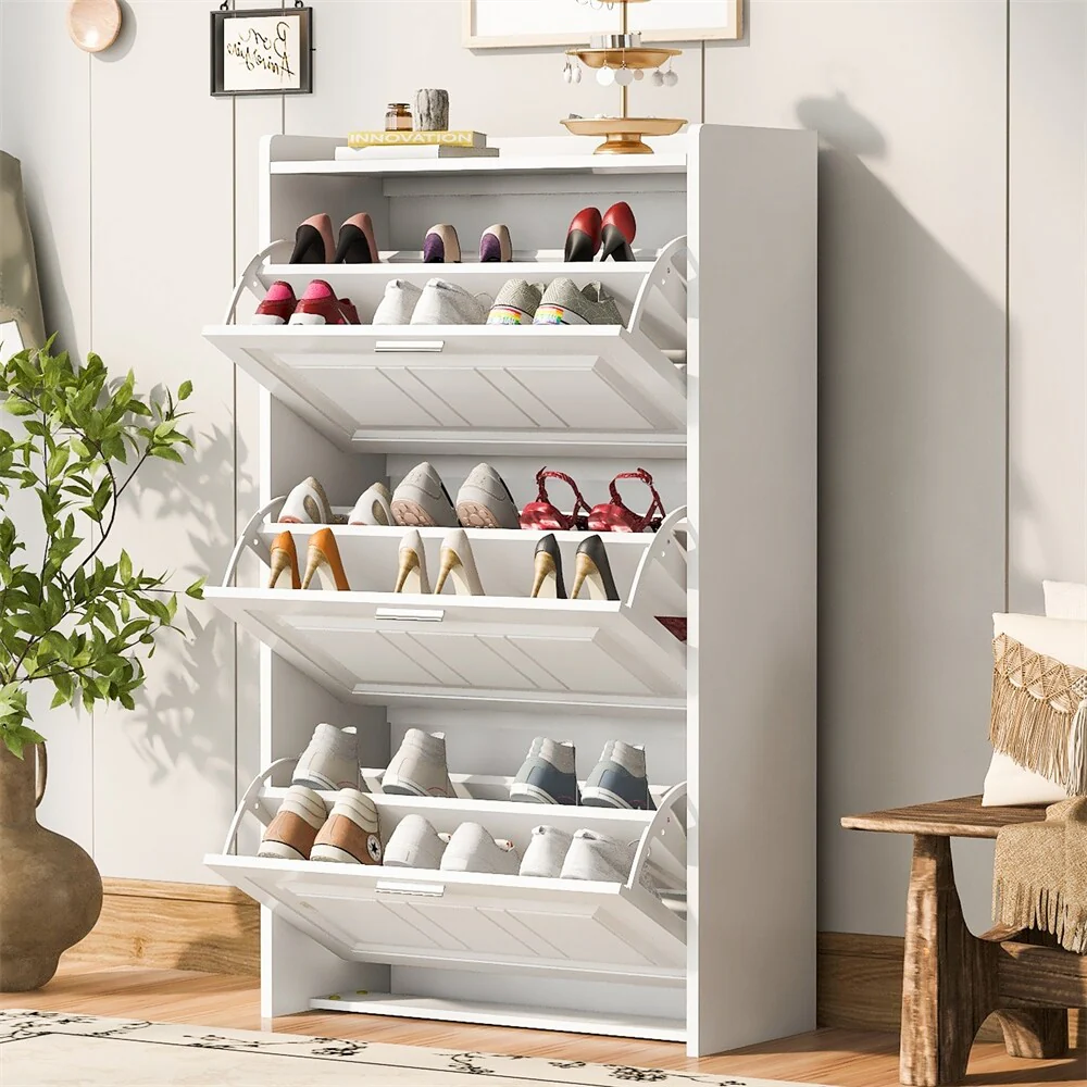 Free Standing Wood Shoe Storage Cabinet with 3 Flip Drawers