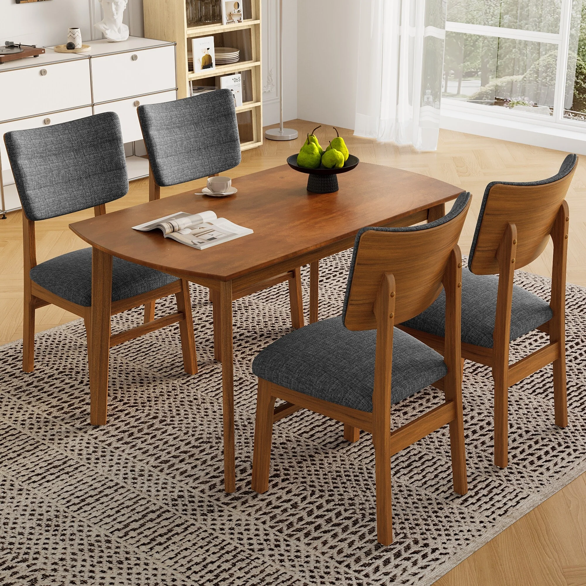 5 Piece Dining Table Set for 4, with Dining Table and 4 Upholstered Chairs, Rectangular Dining Table Set wIth Rubberwood Legs