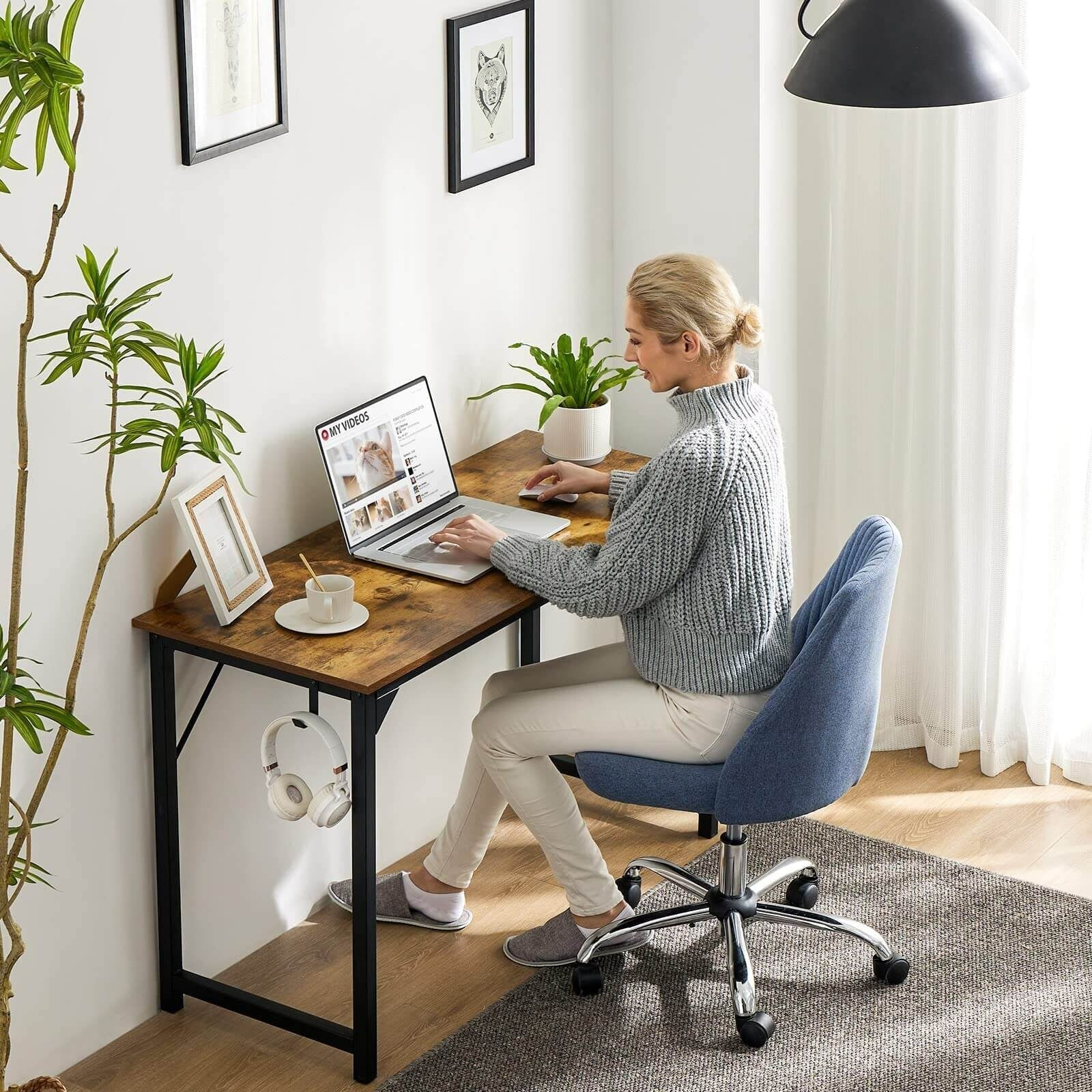 Modern Computer Office Desk with Storage Bag and Headphone Hook for Bedrooms and Study Corners or Small Home Offices