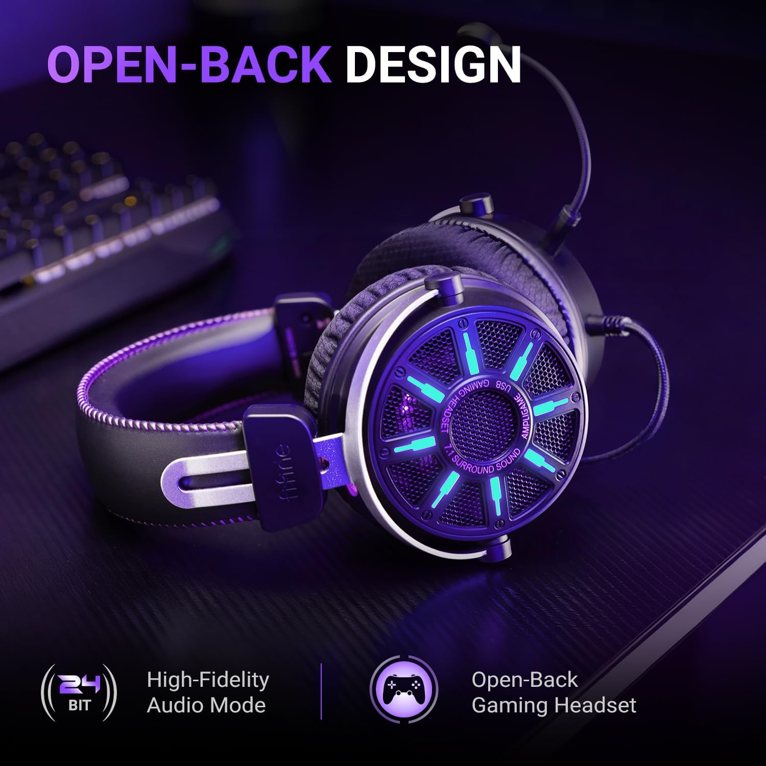 FIFINE Wired Open Back Gaming Headset, Open Acoustic Audio, Breathable Mesh Fabric, 7.1 Surround Sound, Vibrant RGB, USB Control Box, Over-Ear Headphone with Mic for PC, PS5/PS4, Laptop, Mac - H19BP