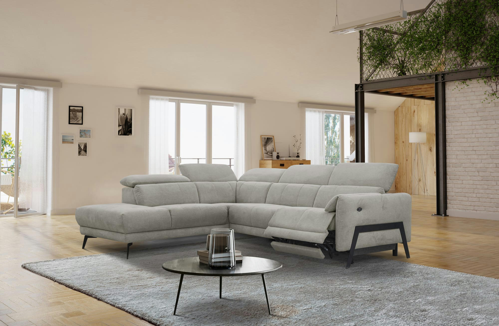 SCALA - Canapé d'angle gauche 5 places relax électrique Tissu Brooklyn truffle