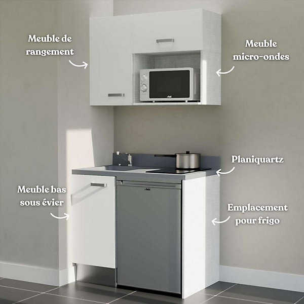 Kitchenette K00 - 100 cm - façades Blanc - Plan monobloc en quartz coloris Cromo évier à gauche