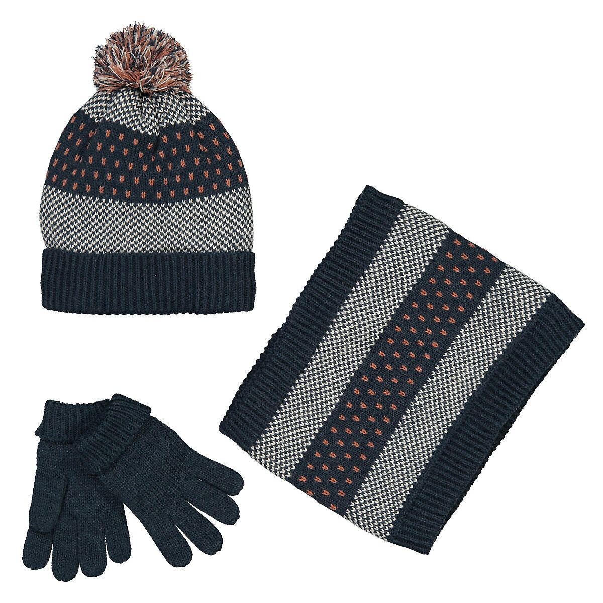 Ensemble bonnet à pompon + snood + gants