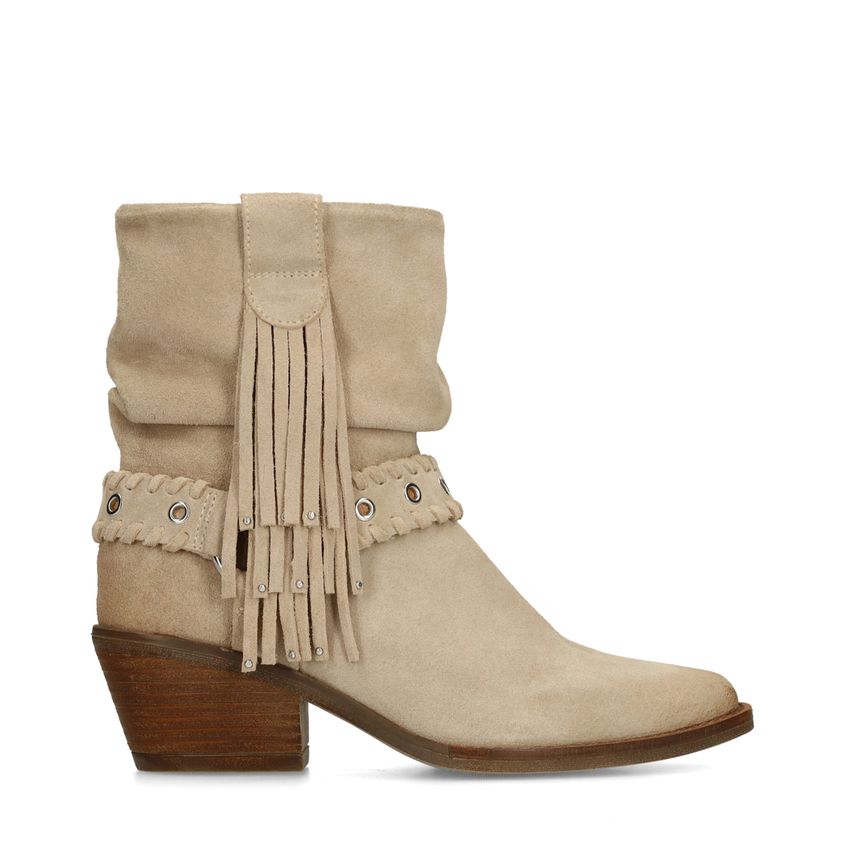 Manfield Beige suède enkellaarsjes met franjes