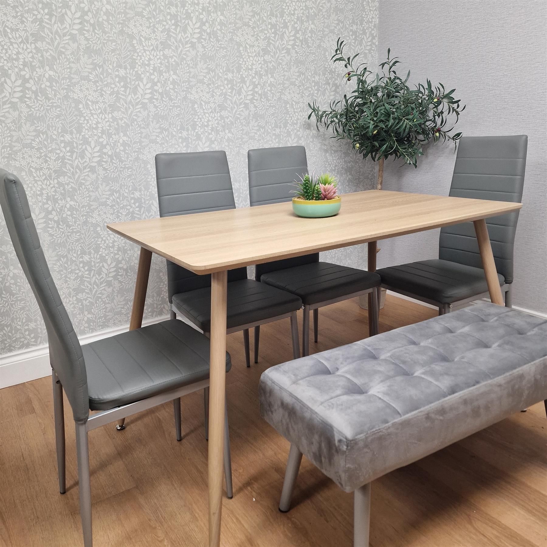 KOSY KOALA Wooden Dining Table Set With 4 Grey Metal Chairs And 1 Matching Bench