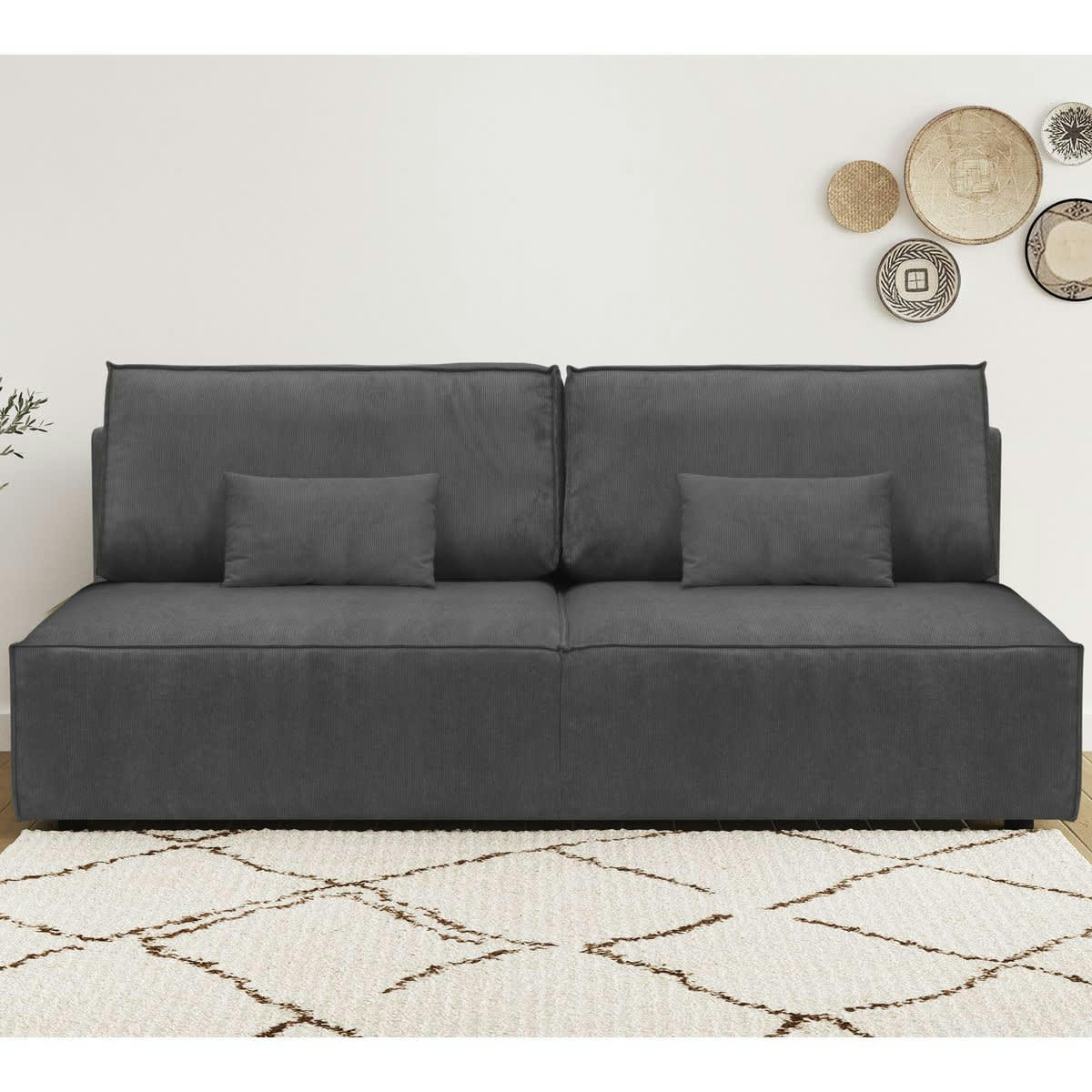 MILLA NEW - Canapé convertible 3 places avec coffre velours fines côtes anthracite