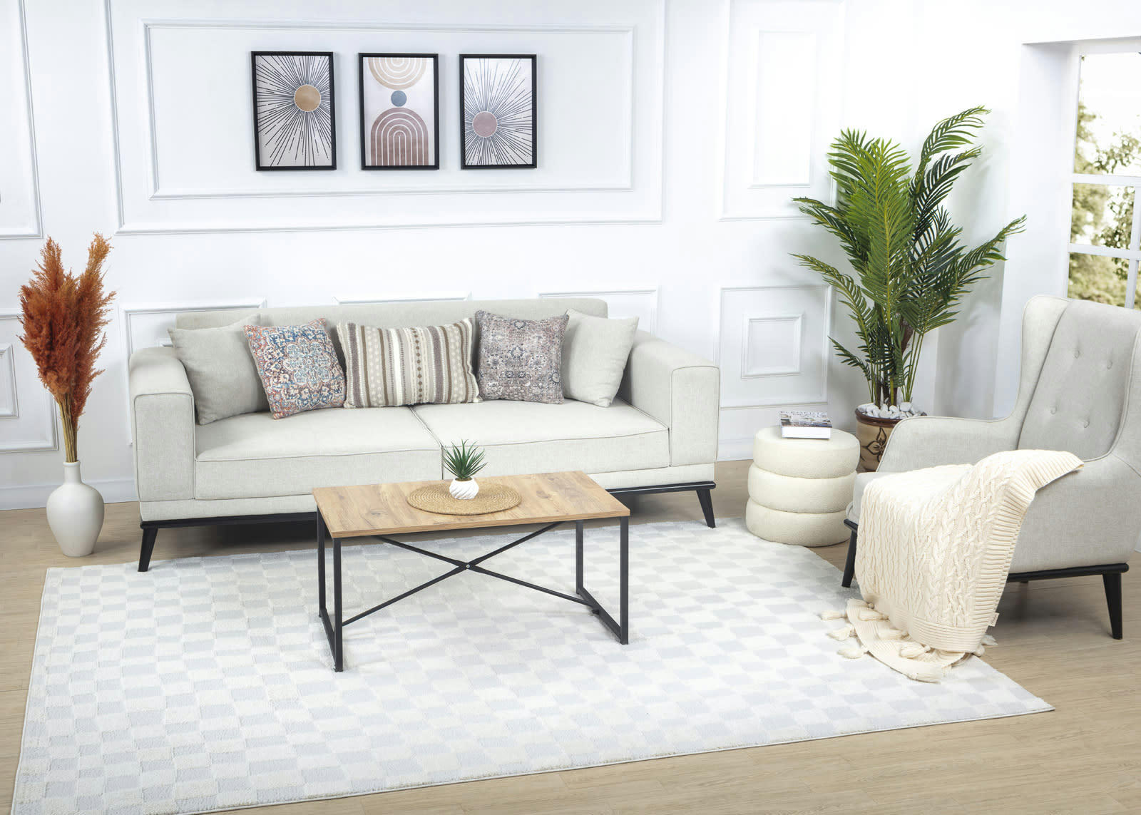 IRINA - Tapis Scandinave à Carreaux Ivoire 160x213