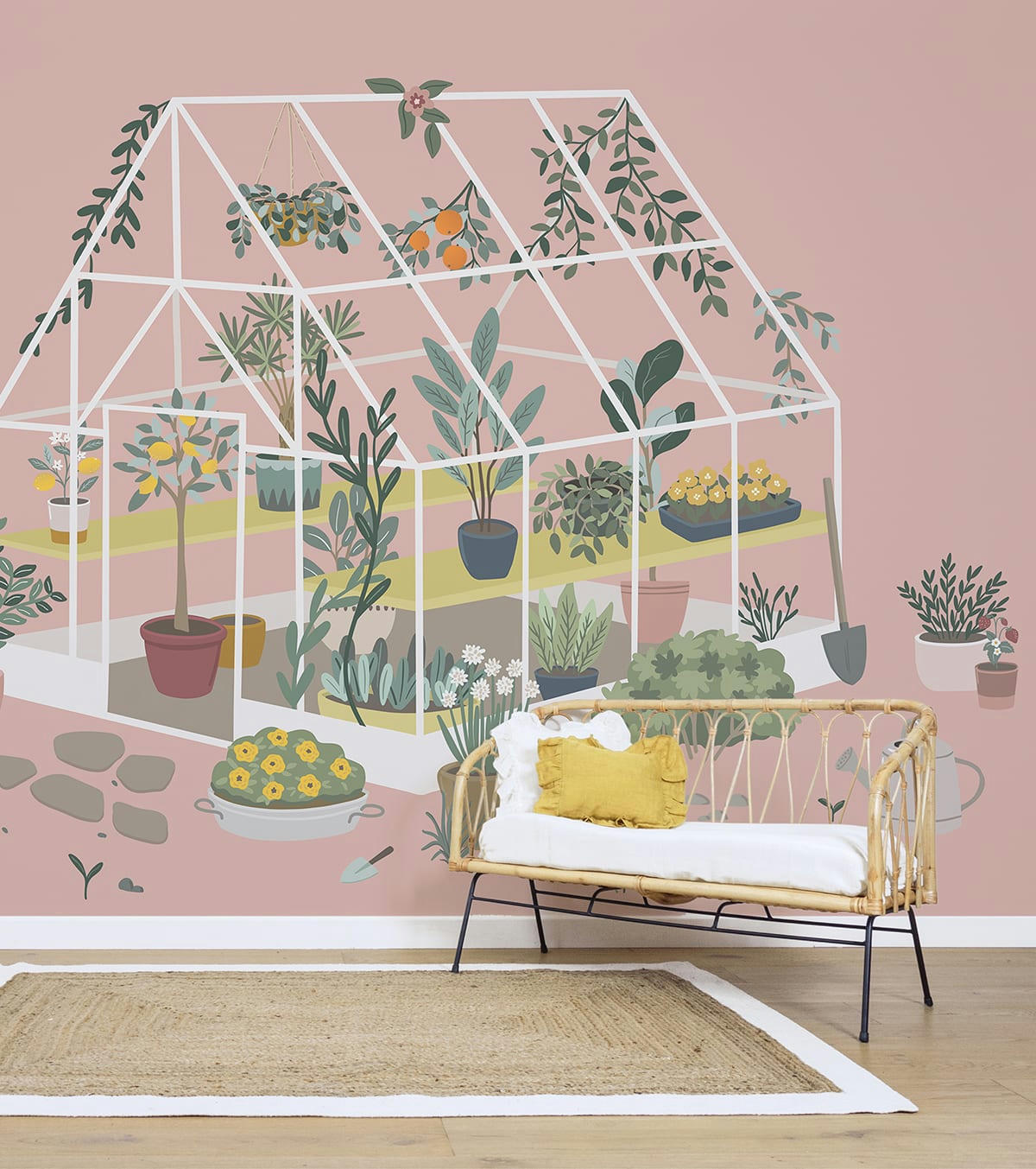 LOUISE - Papier peint panoramique fleurs et plantes, rose 4 m x 2,48 m