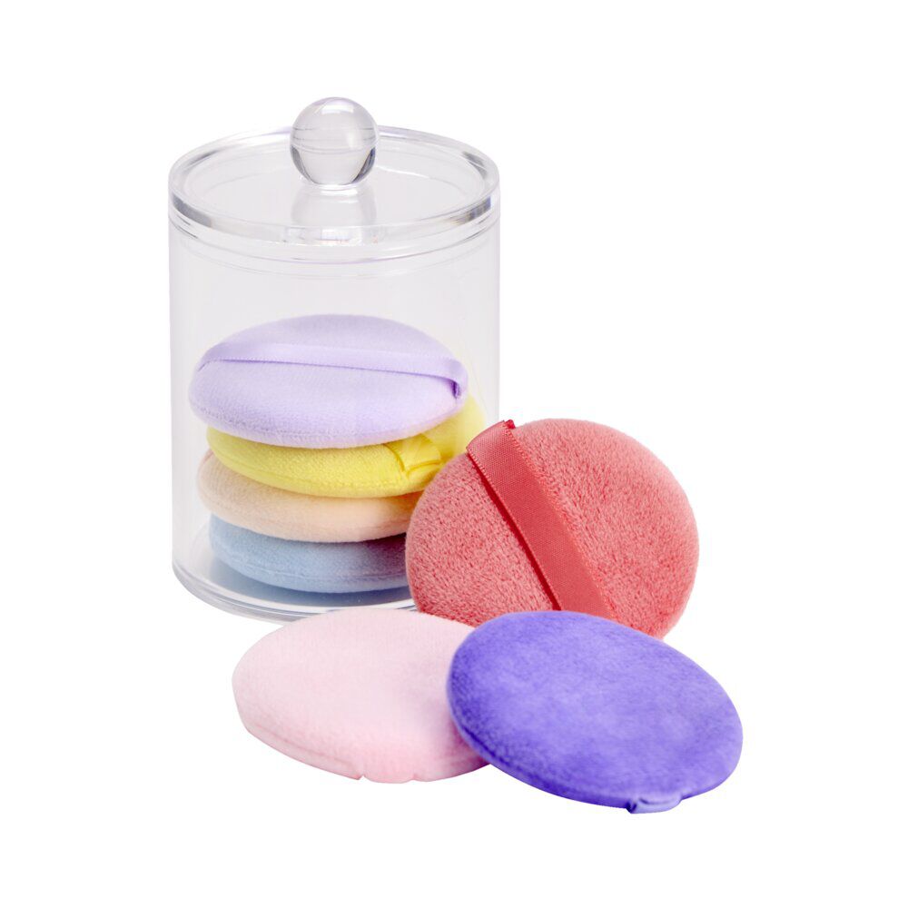 BoÎte rangement cosmétique ronde avec 7 éponges démaquillantes multicolores Ø7xH9cm