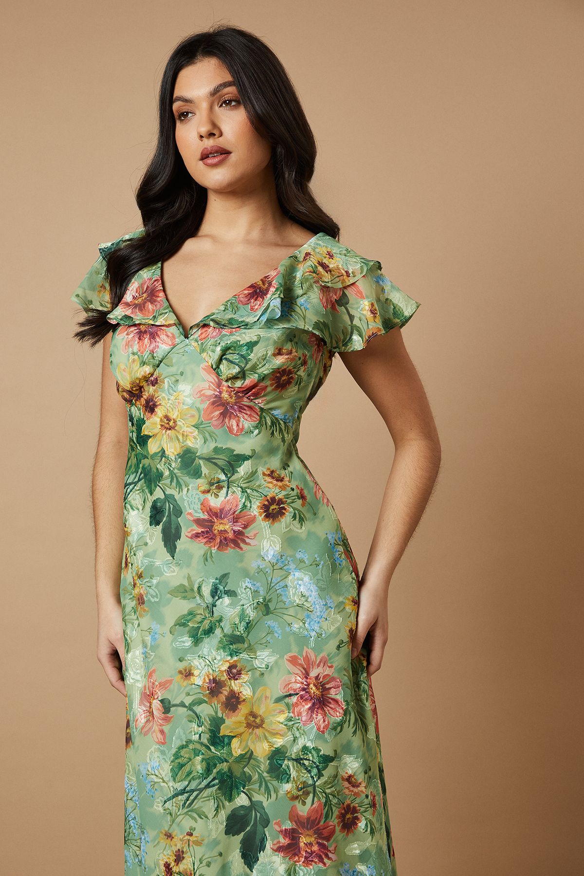 Oasis Floral Satin Burnout Ruffle Midi Dress