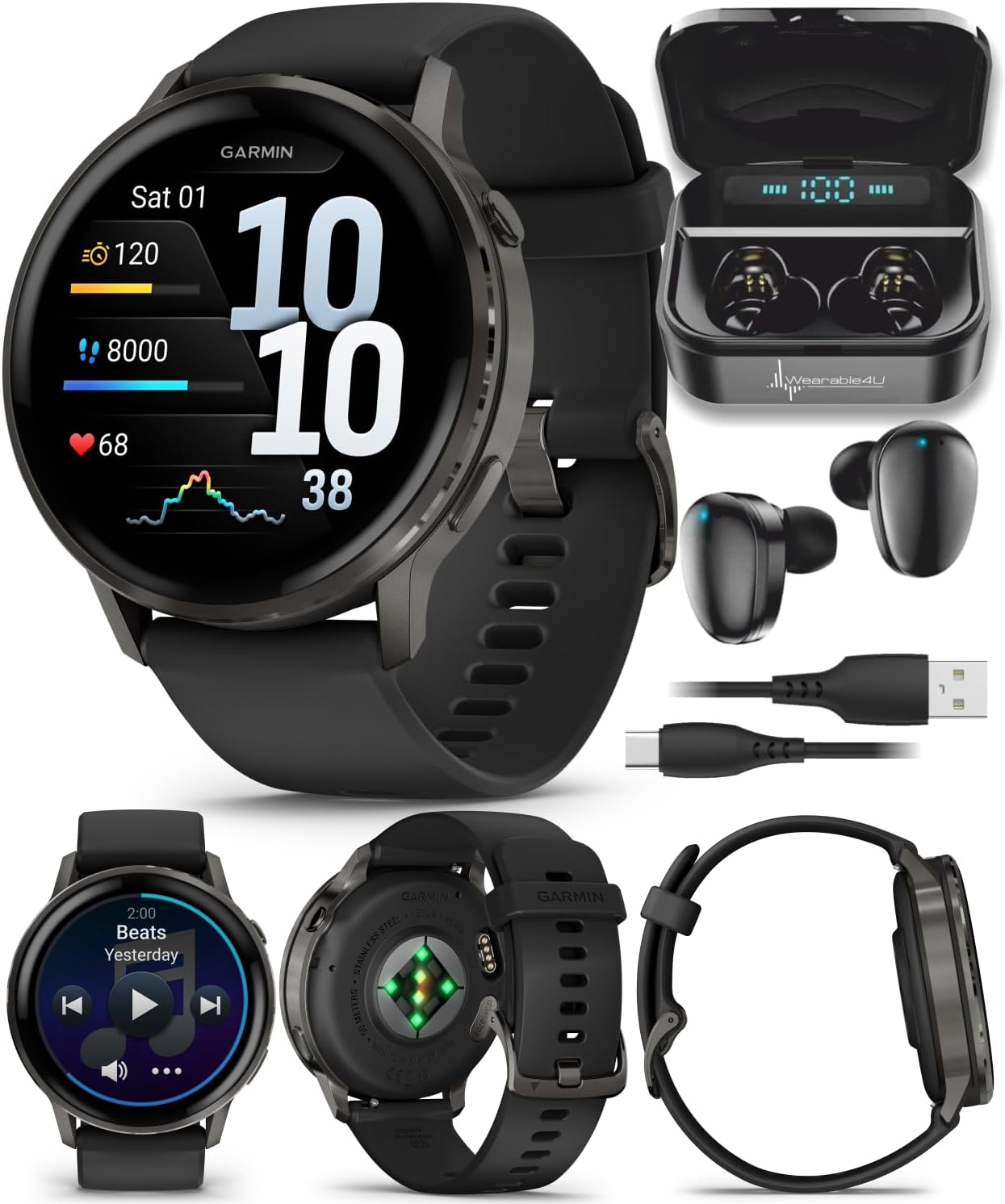 Garmin Venu 4 45mm AMOLED Advanced Health & Fitness GPS Smartwatch  Bright & Colorful Display  Built-in Flashlight  Up to 12 Days  Slate with Black Silicone Band w/Wearable4U Black Earbuds Bundle